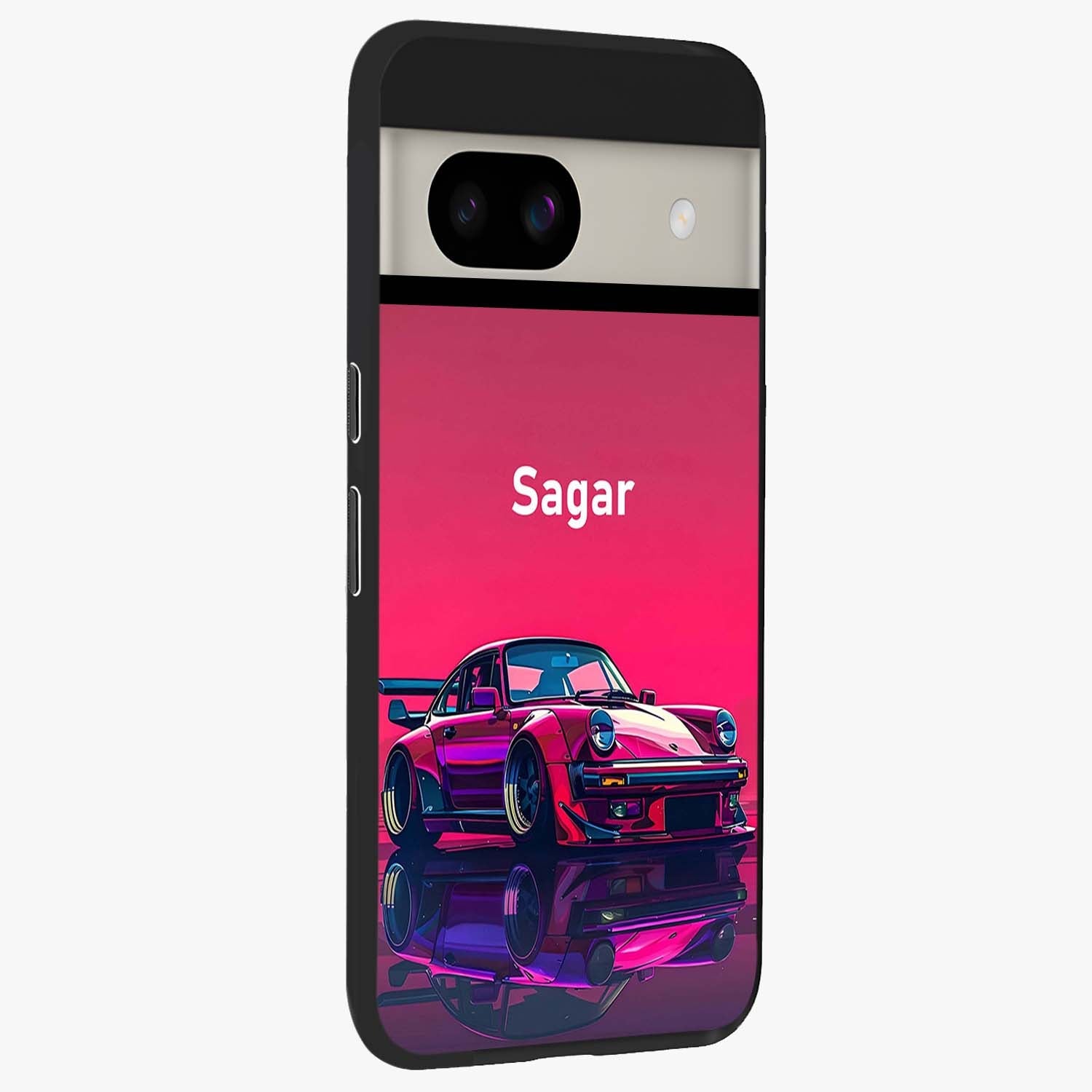 Neon Pink Porsche Glass Case upright view showcasing vibrant sports car artwork with bold automotive theme.