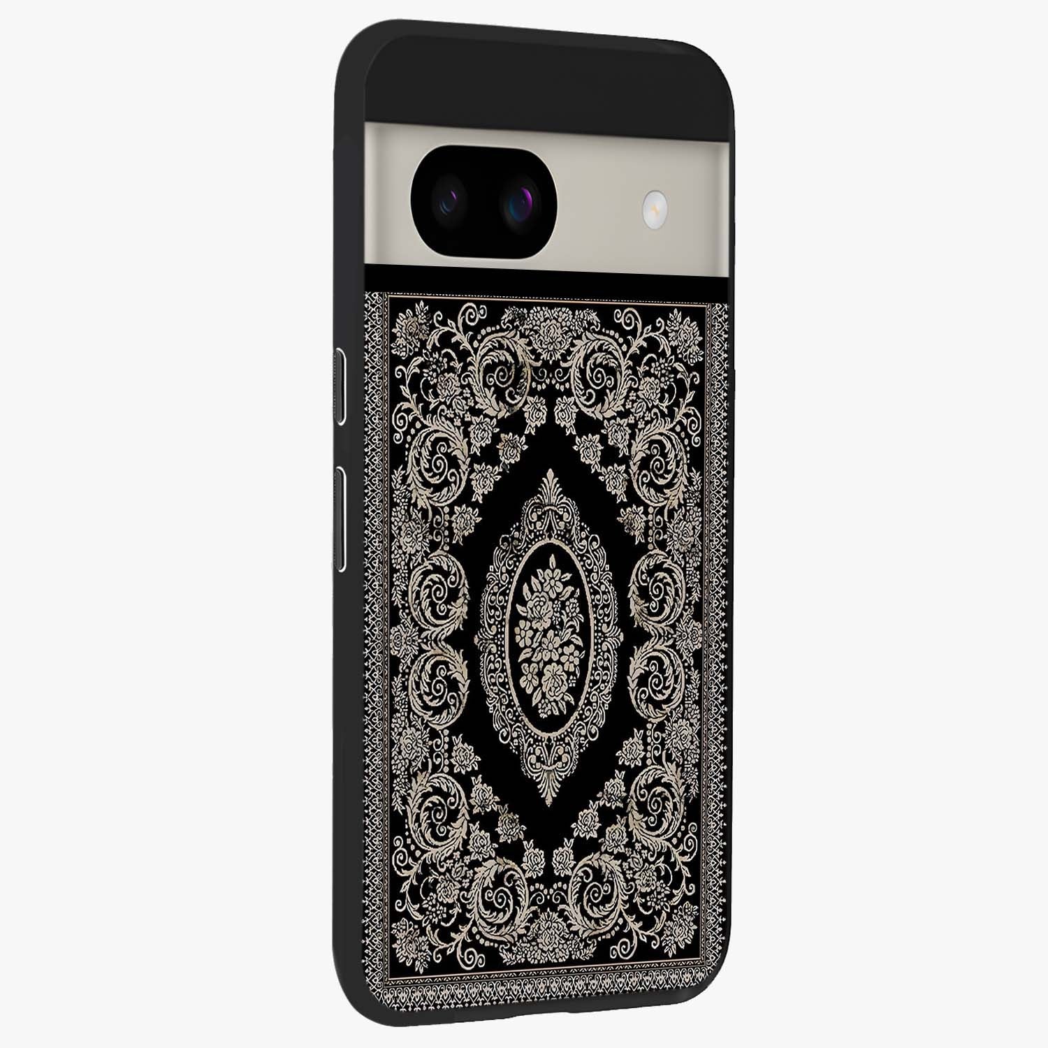 Noir Bloom Elegance Glass Case upright view showcasing graceful floral artwork with luxurious dark theme.