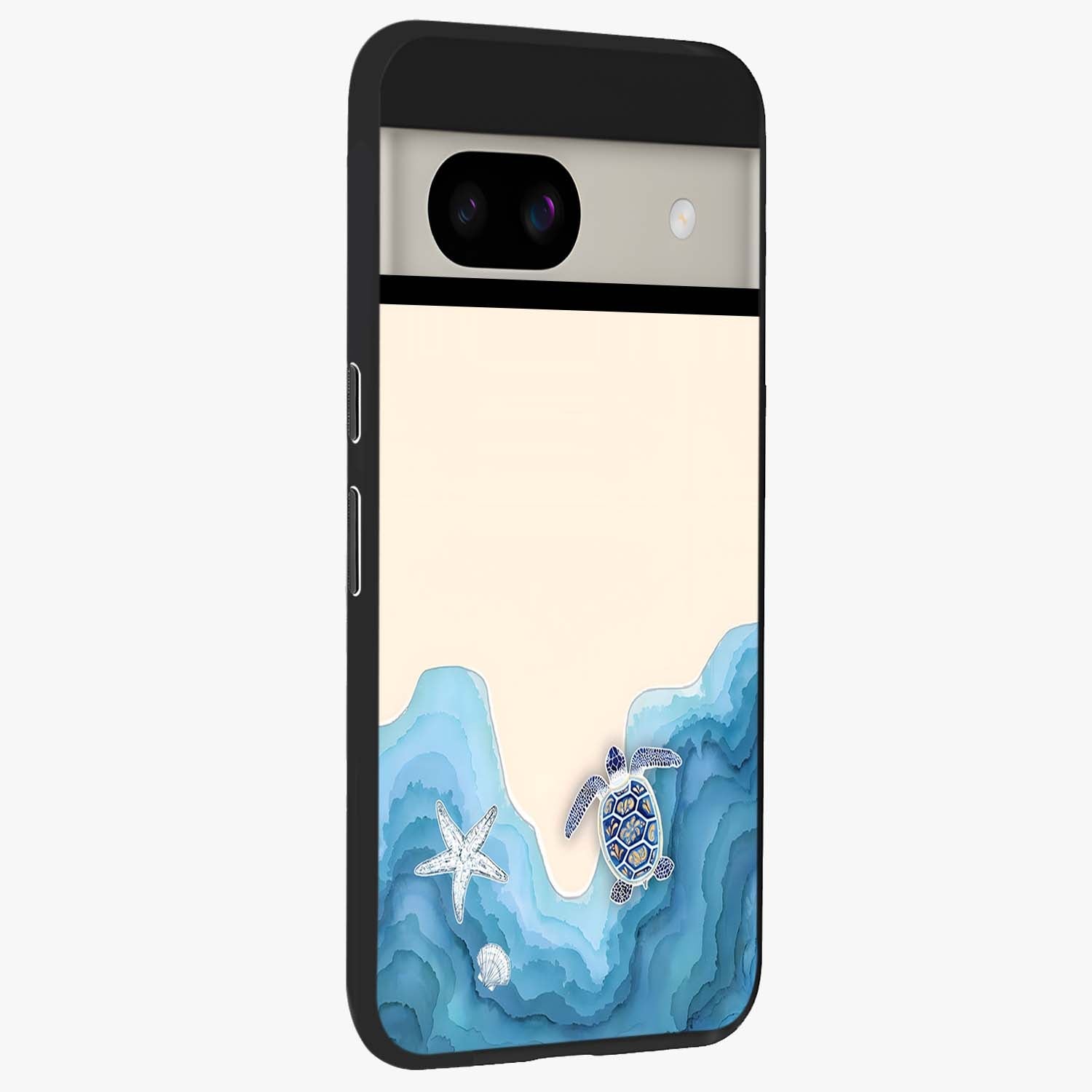 Ocean Drift Turtle Glass Case upright view showcasing calm underwater turtle artwork with nature inspired theme.