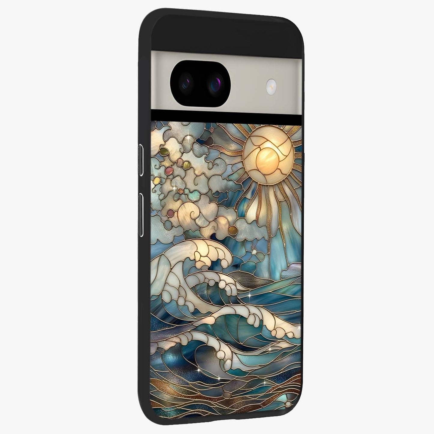 Oceanic Stained Printed Glass Case upright view showcasing decorative ocean pattern artwork with vibrant marine theme.