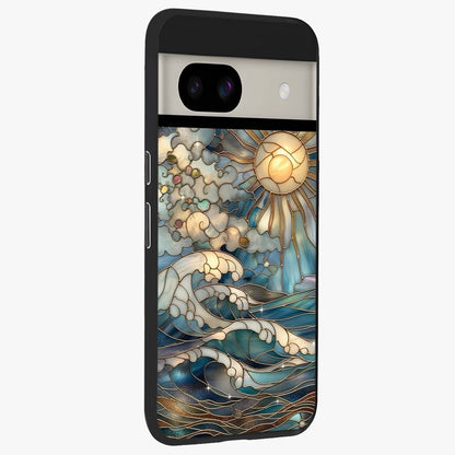 Oceanic Stained Printed Glass Case upright view showcasing decorative ocean pattern artwork with vibrant marine theme.