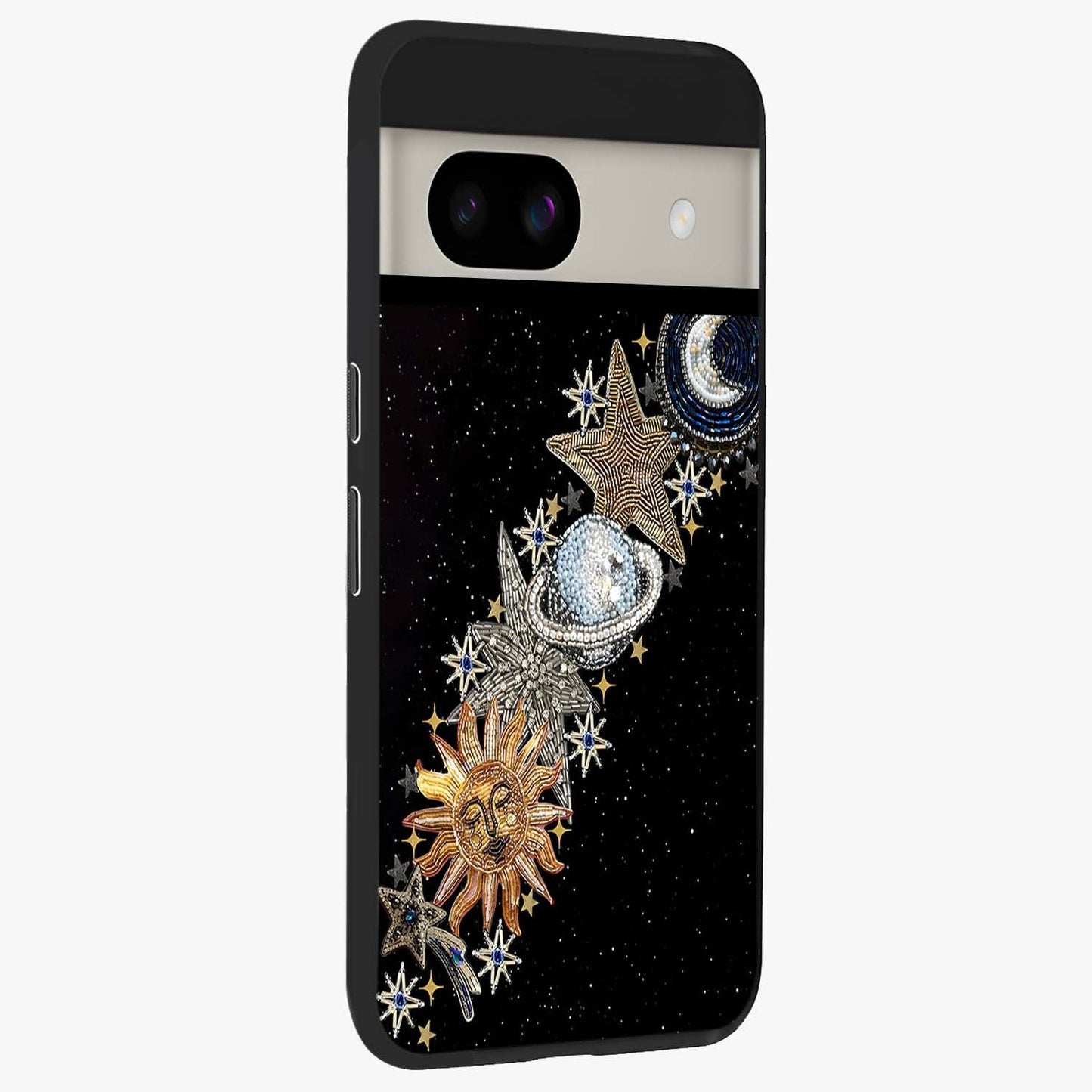 Pearls Universe Object Glass Case upright view showcasing decorative pearl themed artwork with cosmic elegance.