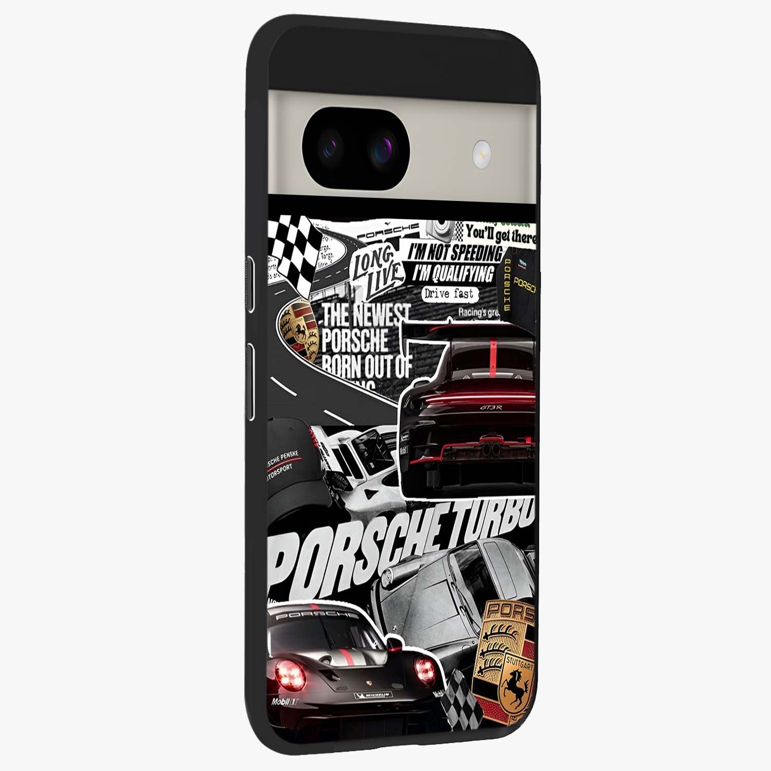 Porsche Racing Collage Glass Case upright view showcasing energetic car collage artwork with high speed racing theme.