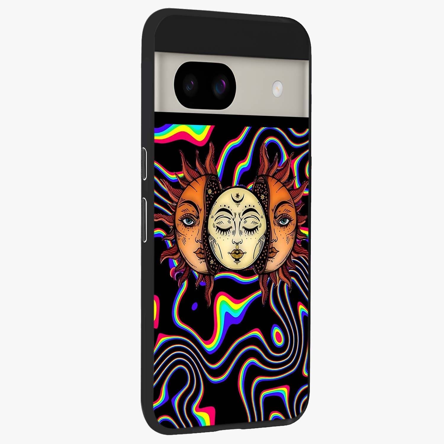 Psychedelic Sun Glass Case upright view showcasing trippy sun artwork with bold psychedelic theme.