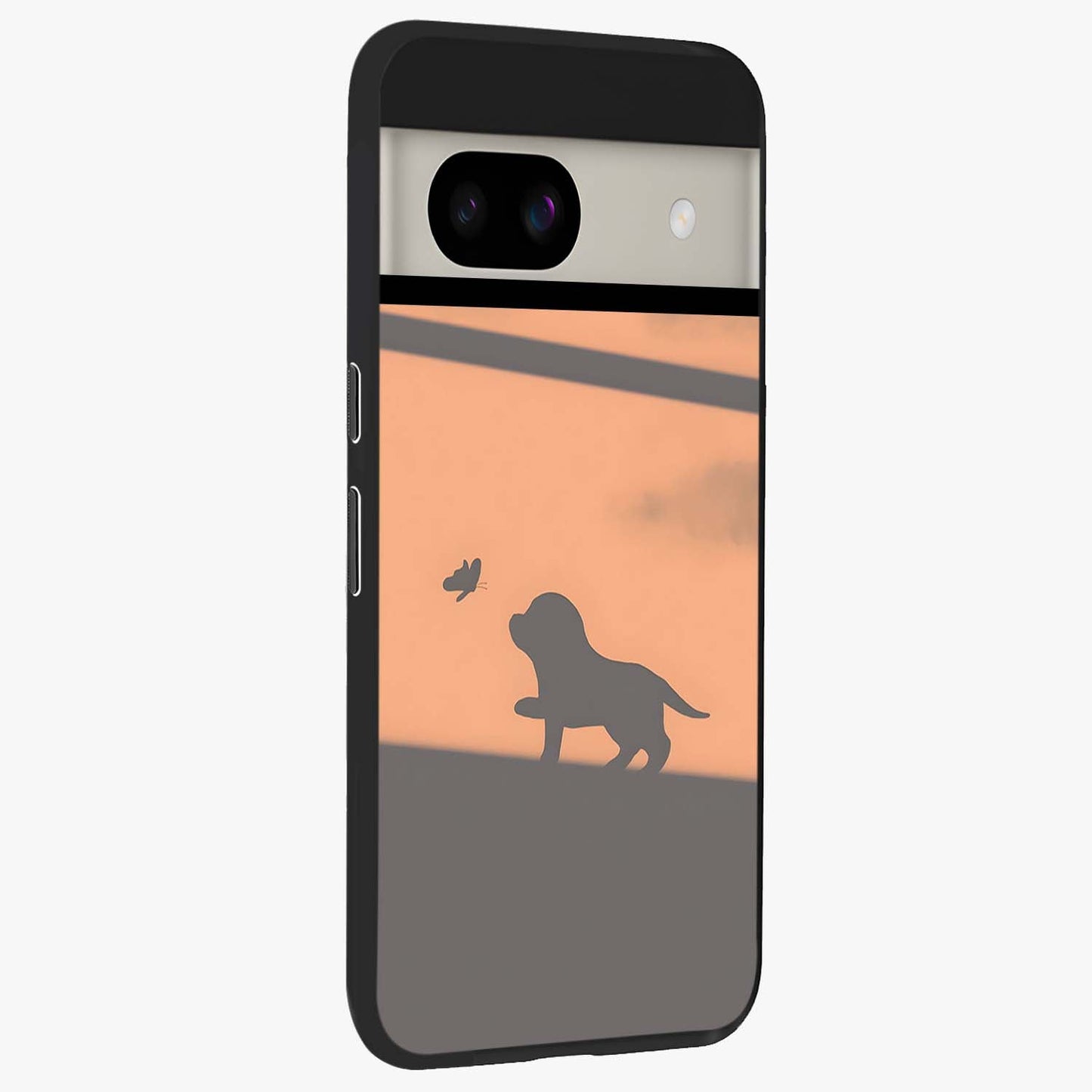 Puppy Shadow Art Glass Case upright view showcasing charming puppy artwork with creative silhouette theme.