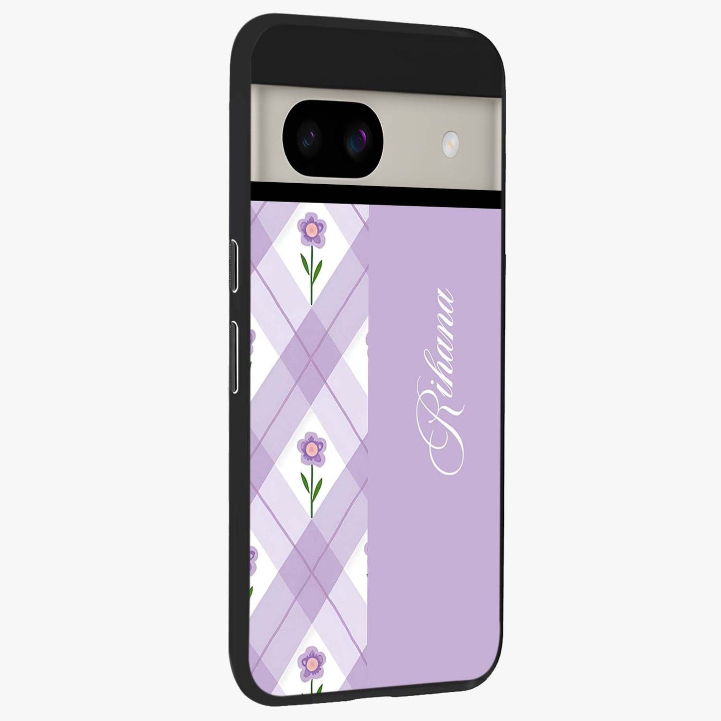 Purple Diamond Floral Glass Case upright view showcasing vibrant floral artwork with stylish geometric theme.