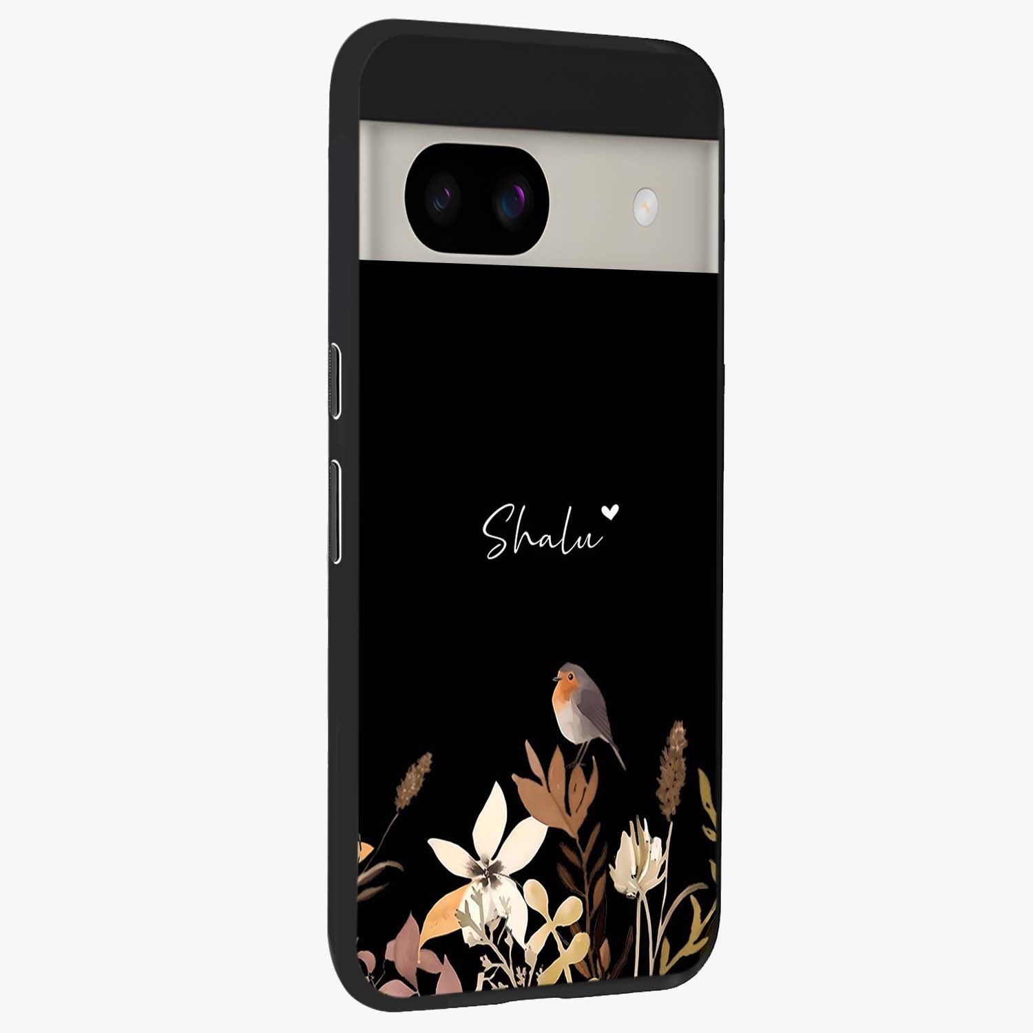 Quiet Garden Tune Custom Name Glass Case upright view showcasing serene botanical artwork with personalized aesthetic.