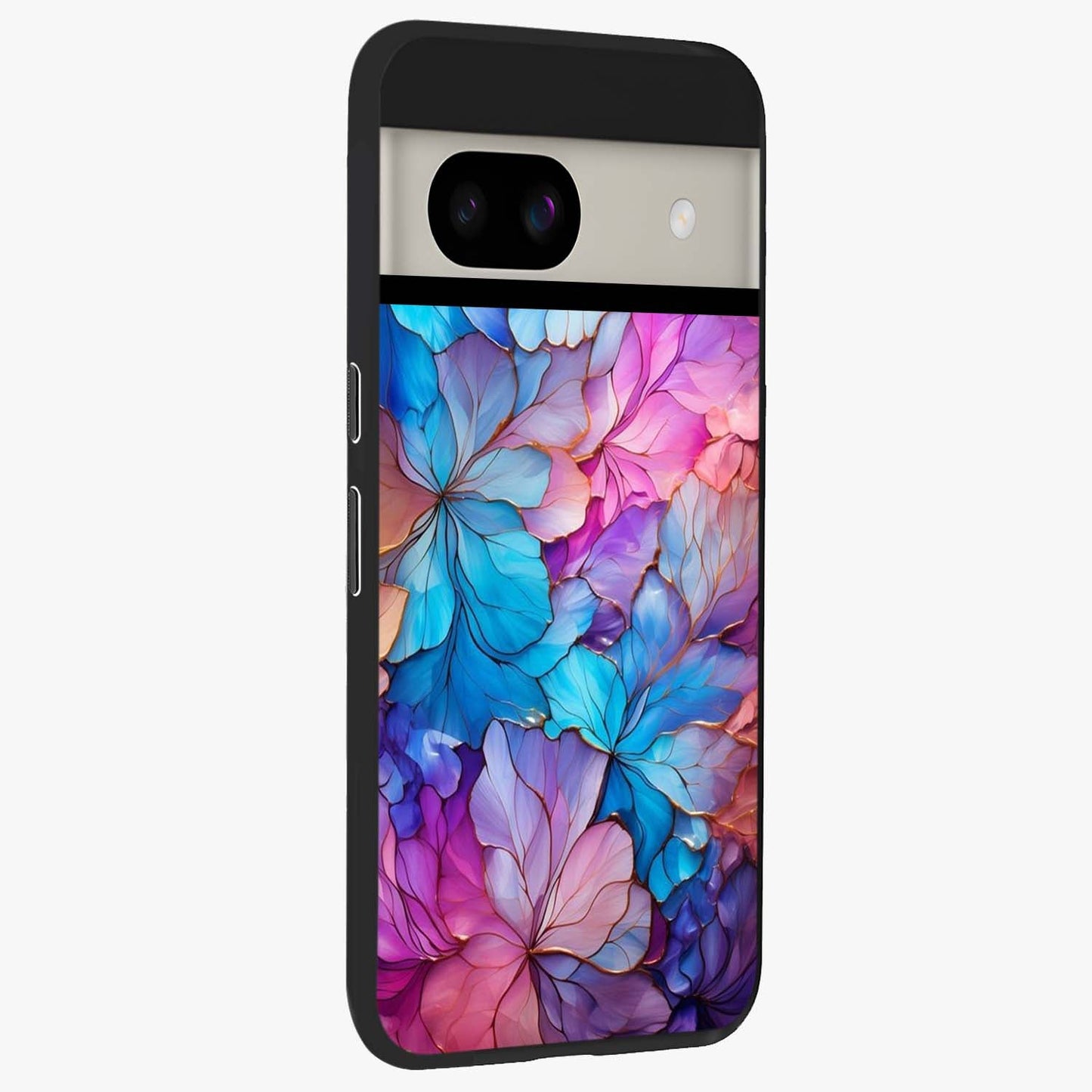 Radiant Floral Whirl Glass Case upright view showcasing lively floral artwork with decorative swirl theme.