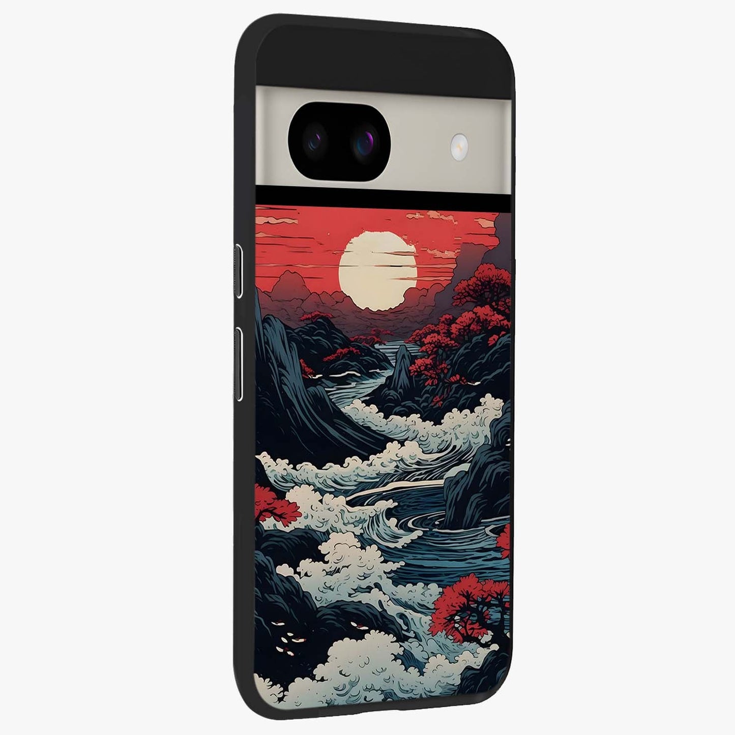 Red Sunset Scenery Glass Case upright view showcasing dramatic sunset scenery artwork with warm nature theme.
