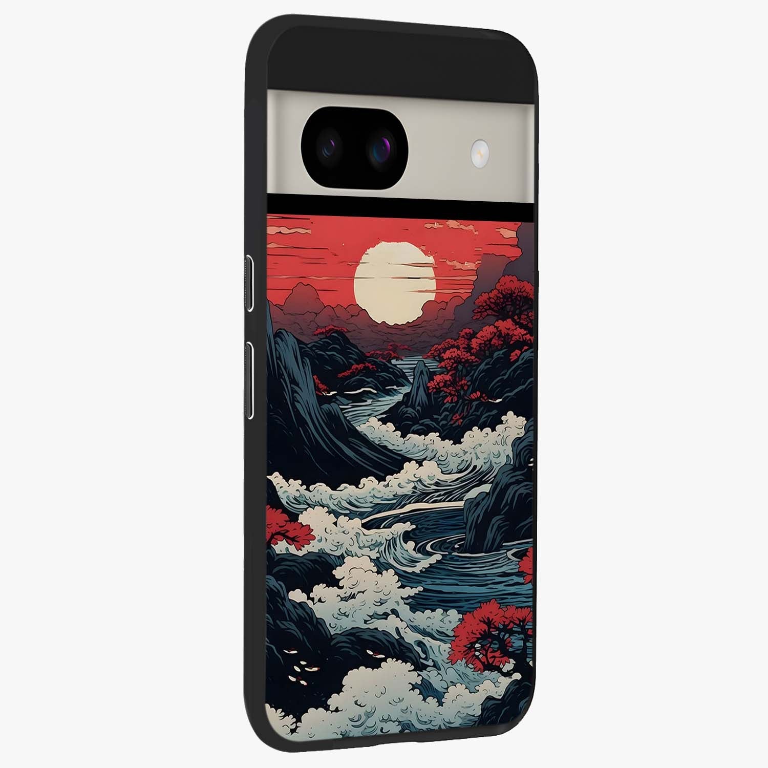 Red Sunset Scenery Glass Case upright view showcasing dramatic sunset scenery artwork with warm nature theme.