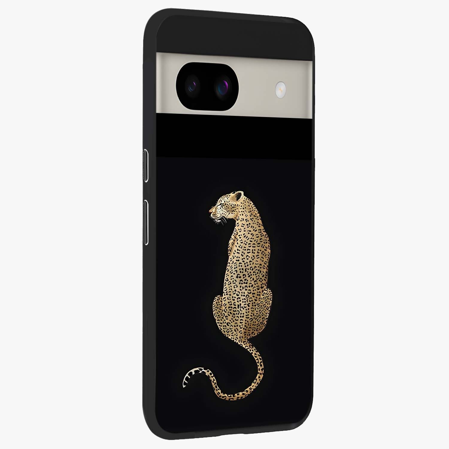 Regal Leopard Glass Case upright view showcasing striking leopard artwork with fierce wildlife theme.