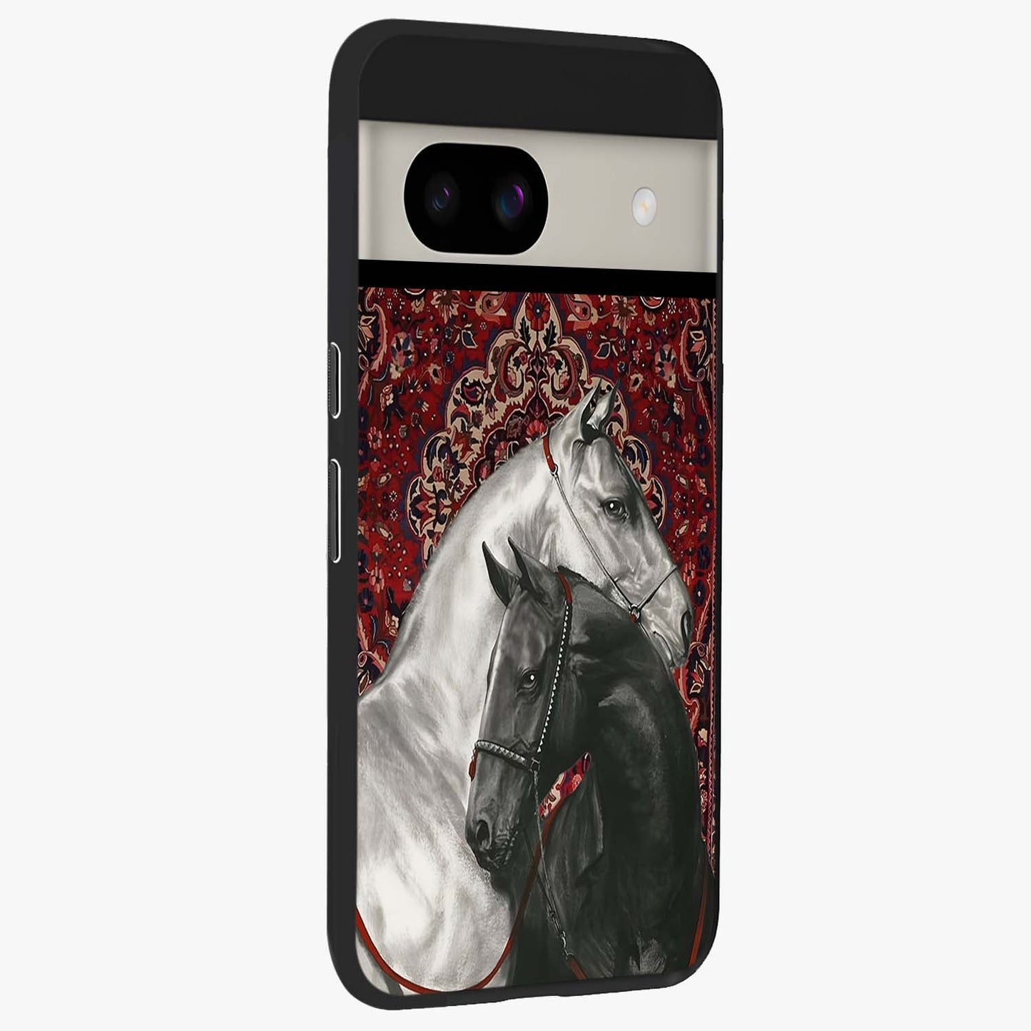 Regal Stallion Tapestry Glass Case upright view showcasing powerful horse artwork with elegant tapestry theme.