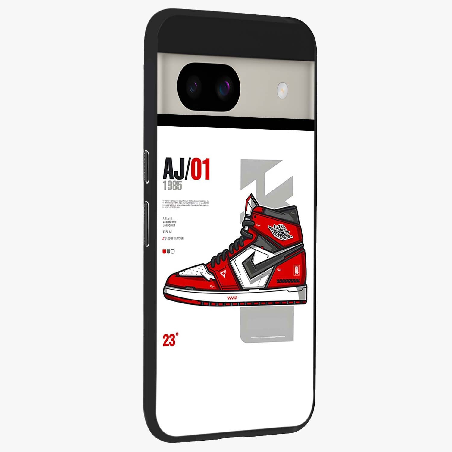 Retro Sneaker Blueprint Glass Case upright view showcasing stylish sneaker illustration with vintage streetwear theme.