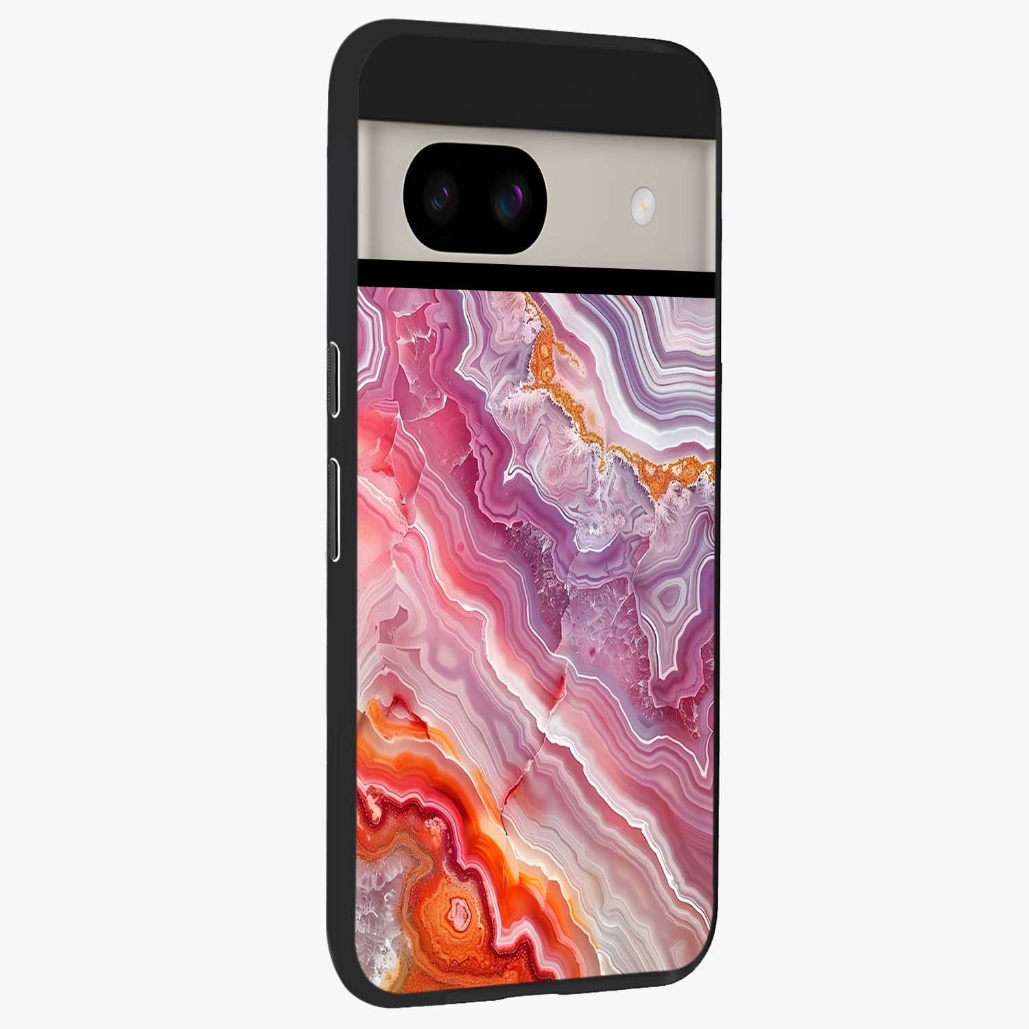Rose Quartz Marble Glass Case upright view showcasing decorative marble artwork with luxurious pastel theme.