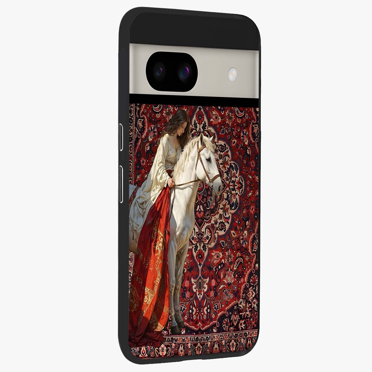 Royal Rider Tapestry Glass Case upright view showcasing detailed rider artwork with classic tapestry theme.