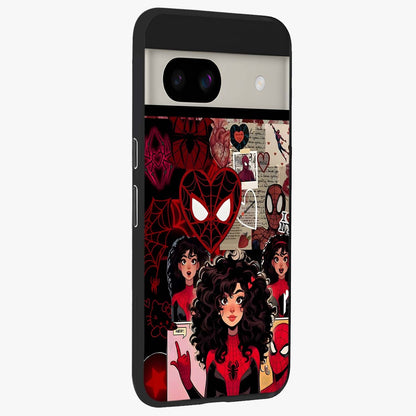 Spider Love Story Glass Case upright view showcasing charming superhero artwork with romantic comic theme.