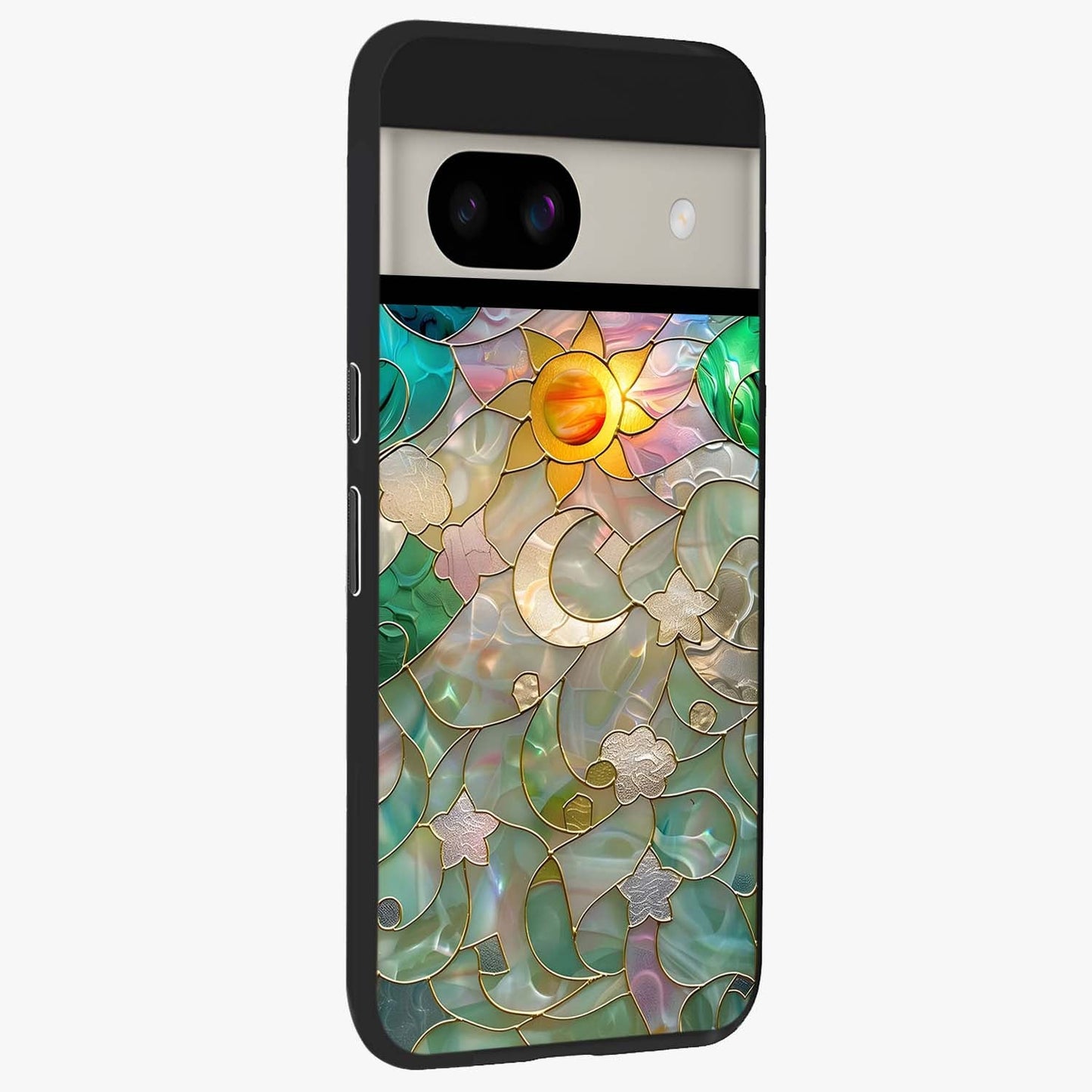 Stained Sunrise Glow Glass Case upright view showcasing colorful sunrise artwork with warm morning theme.