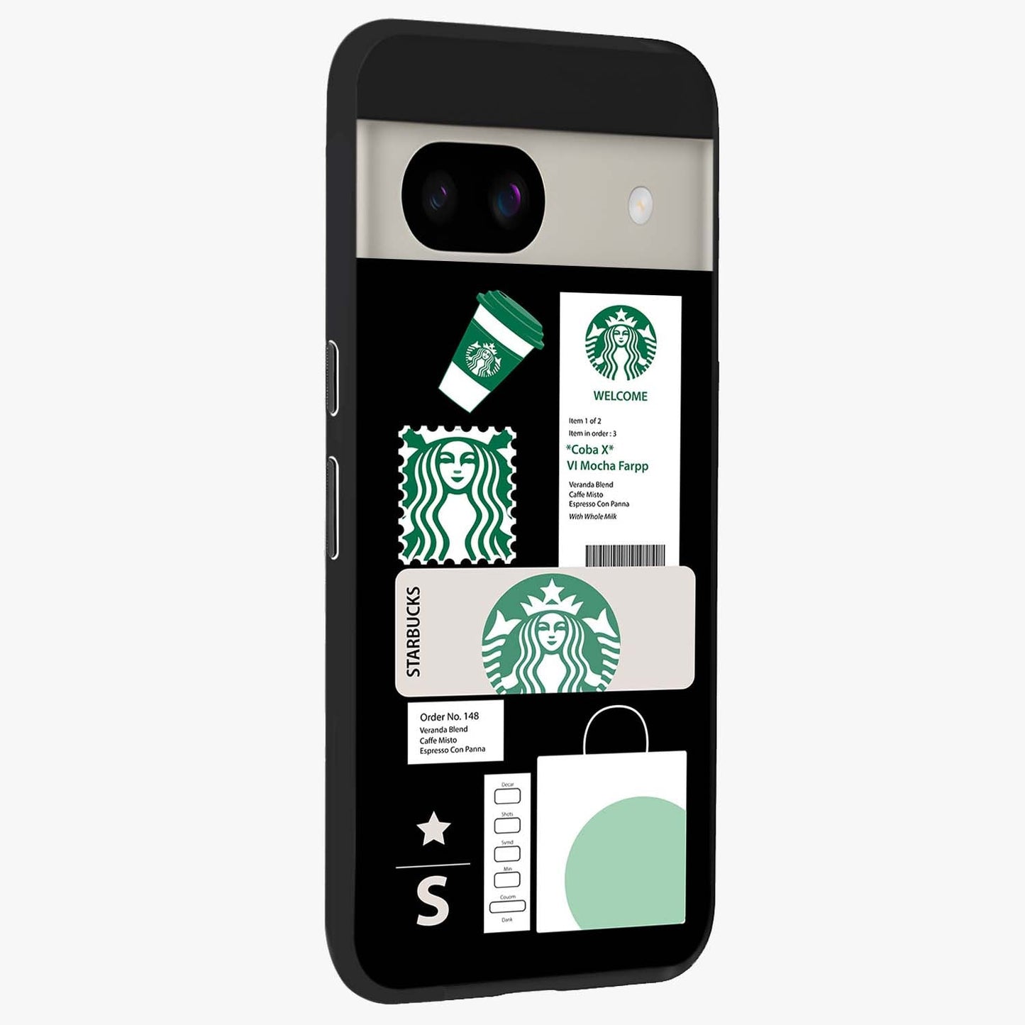 Starbucks Mocha Glass Case upright view showcasing trendy coffee inspired artwork with modern lifestyle theme.