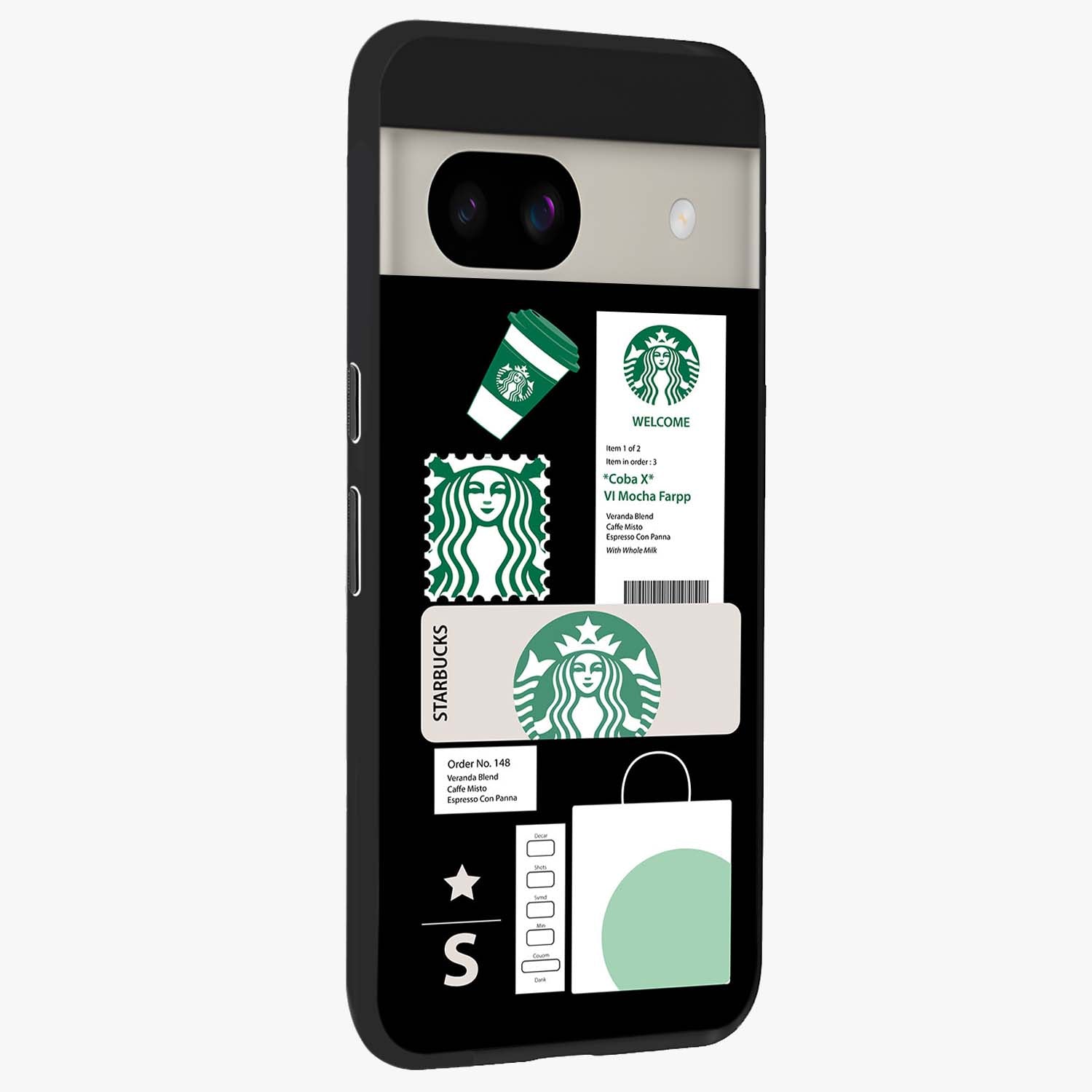 Starbucks Mocha Glass Case upright view showcasing trendy coffee inspired artwork with modern lifestyle theme.