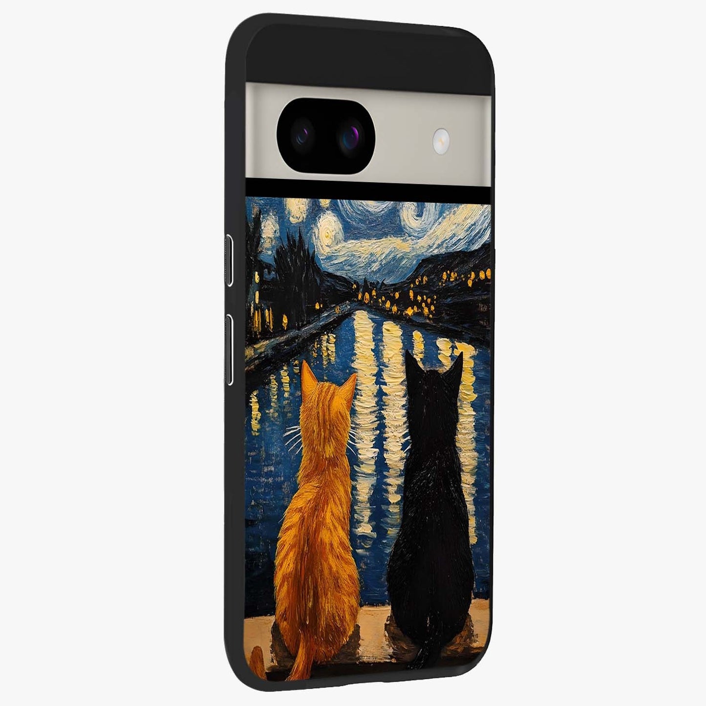 Starry River Cats Glass Case upright view showcasing adorable cat artwork with magical river and stars theme.