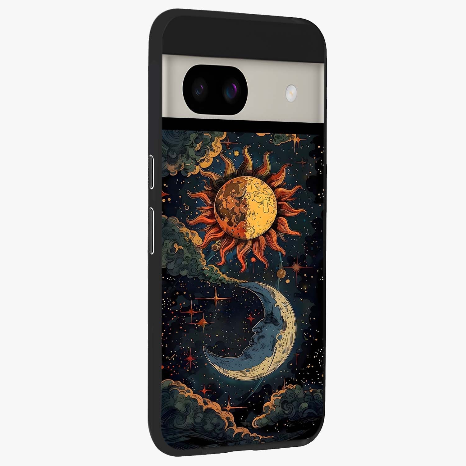 Sun And Moon Magic Design Glass Case upright view showcasing decorative sun and moon artwork with spiritual celestial theme.