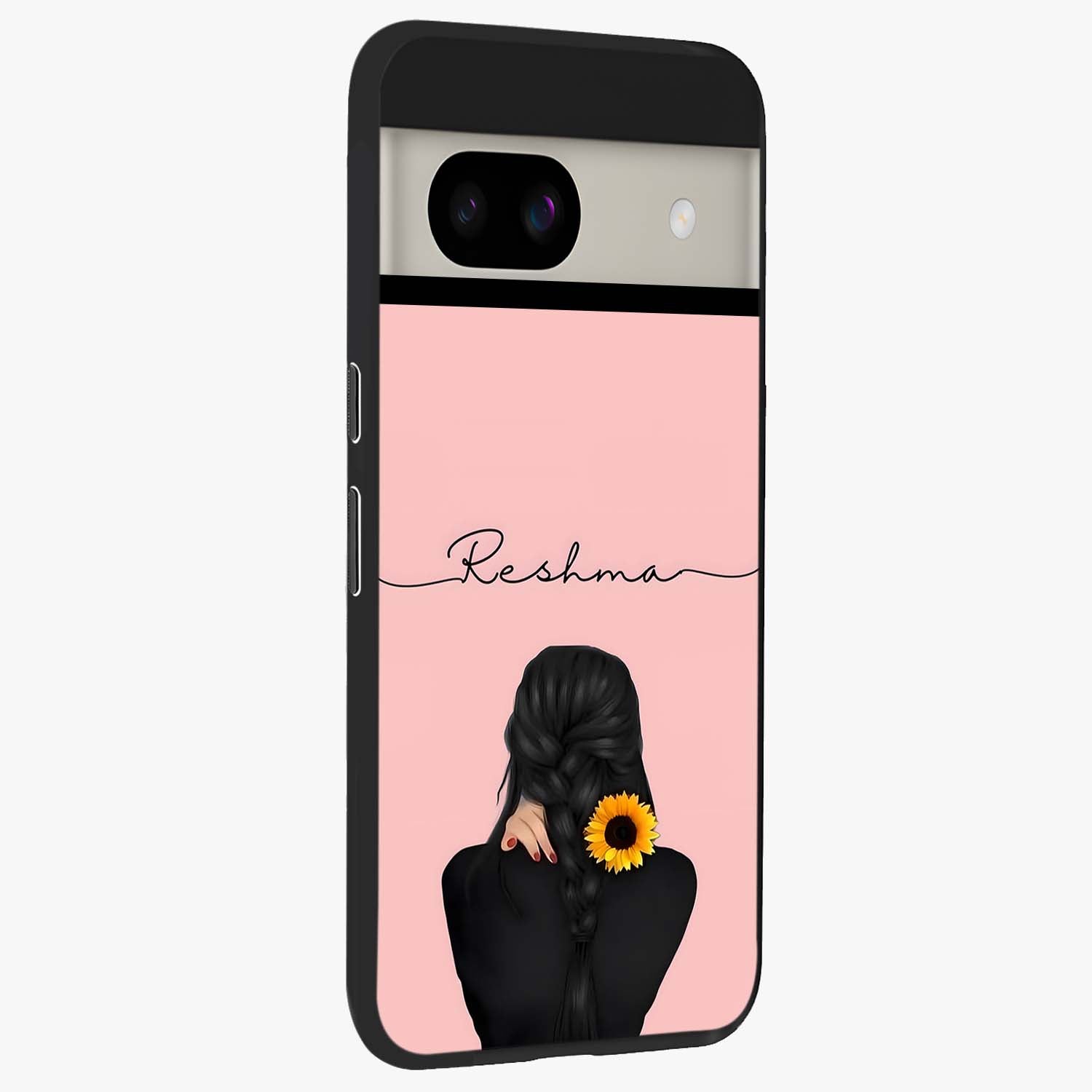 Sunflower Braid Beauty With Custom Name Glass Case upright view showcasing bright sunflower artwork with personalized floral aesthetic.