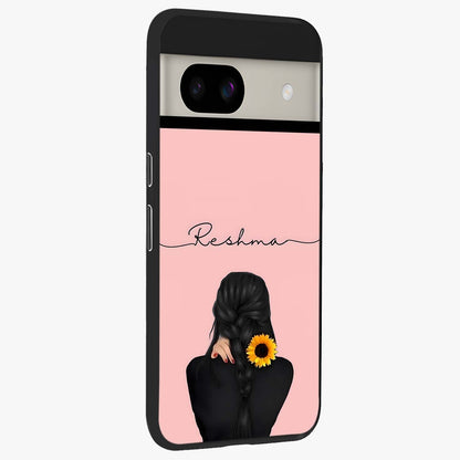 Sunflower Braid Beauty With Custom Name Glass Case upright view showcasing bright sunflower artwork with personalized floral aesthetic.