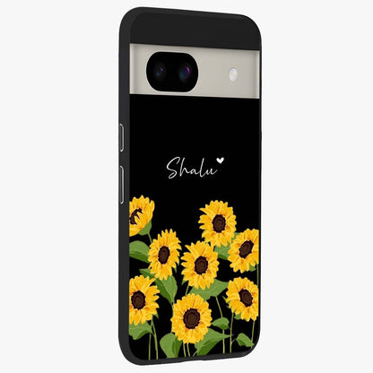 Sunflower Chic Mood Custom Name Glass Case upright view showcasing cheerful sunflower artwork with trendy floral theme.