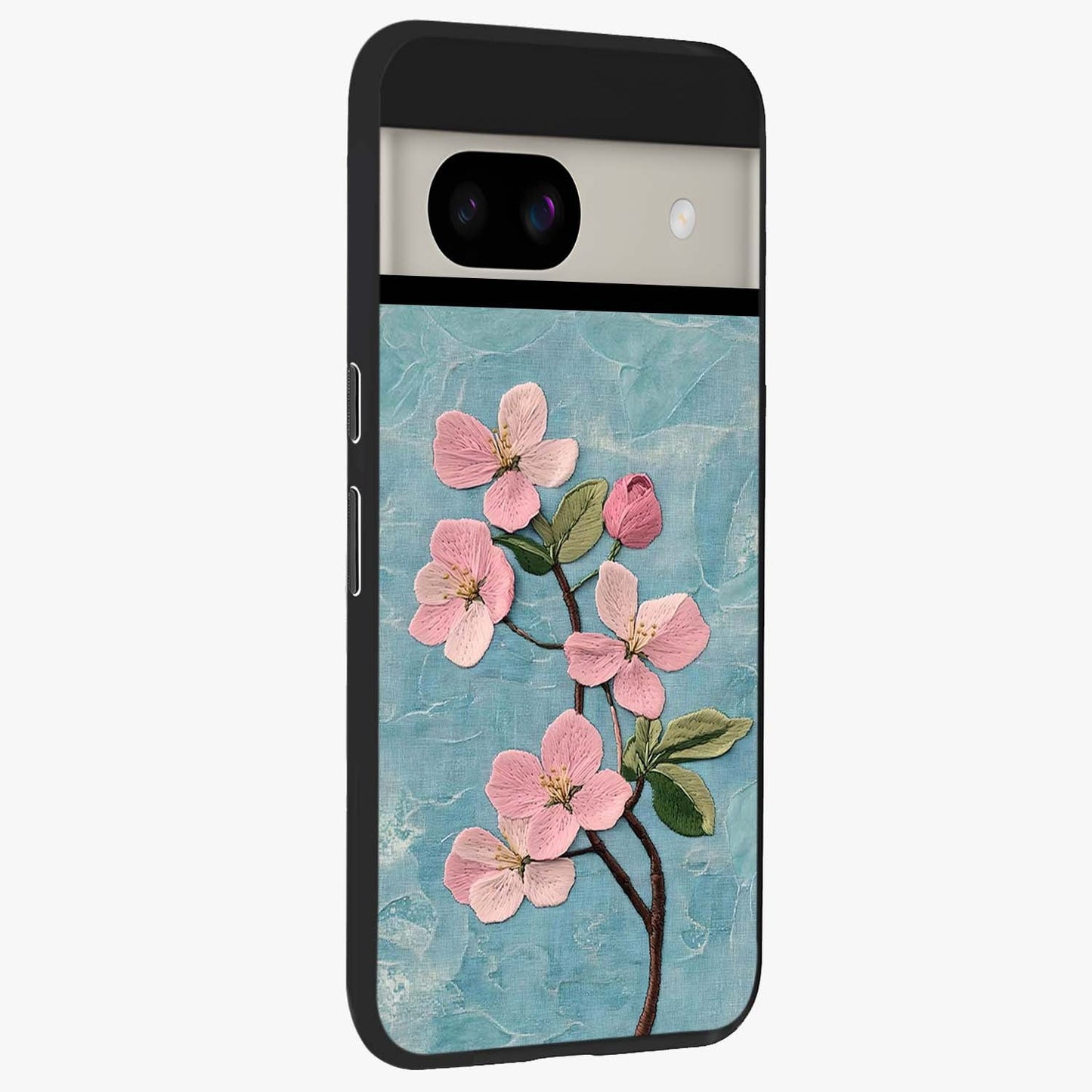 Threaded Blossom Breeze Glass Case upright view showcasing graceful flower artwork with calm botanical theme.