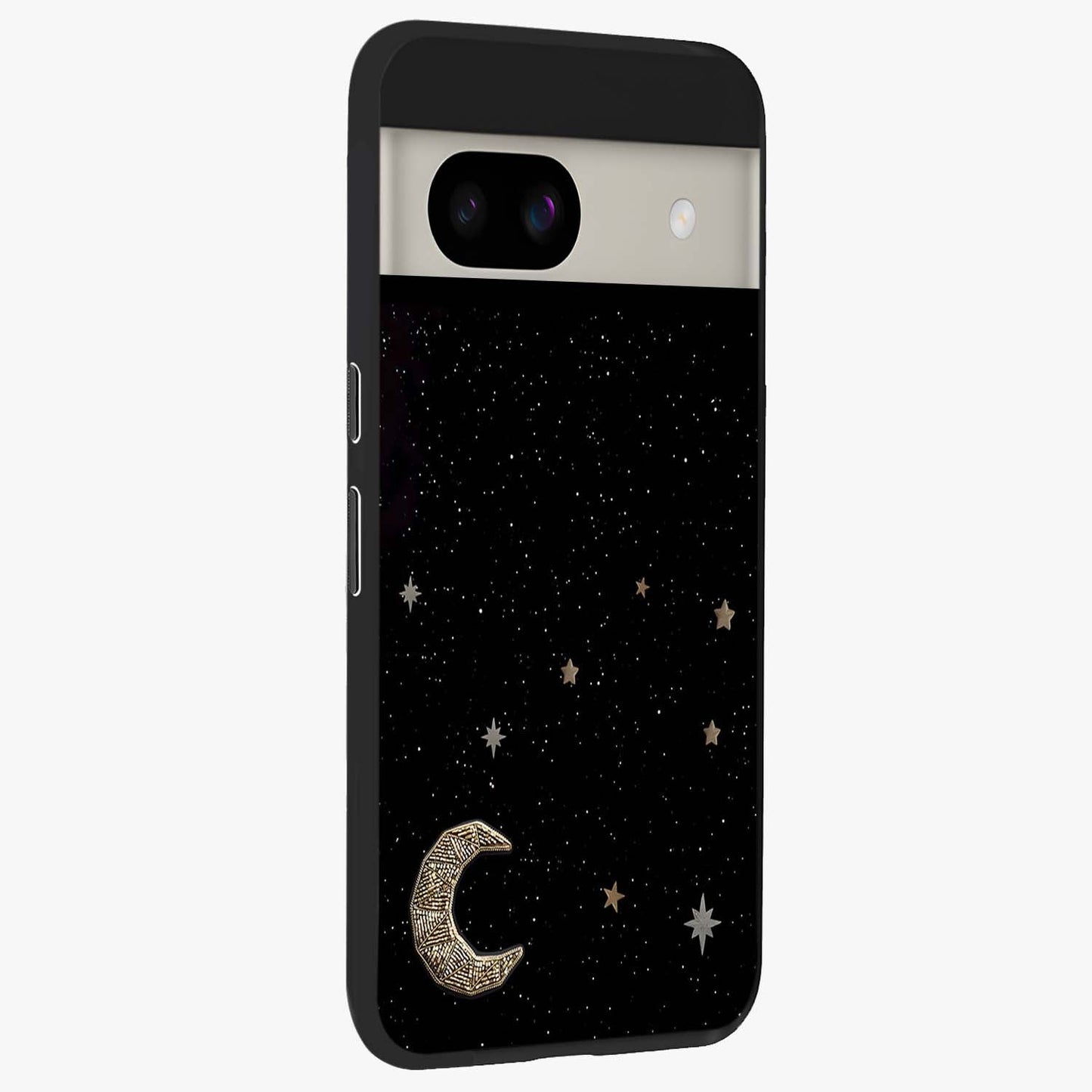 Twinkle Star With Half Moon Glass Case upright view showcasing glowing cosmic artwork with dreamy night theme.