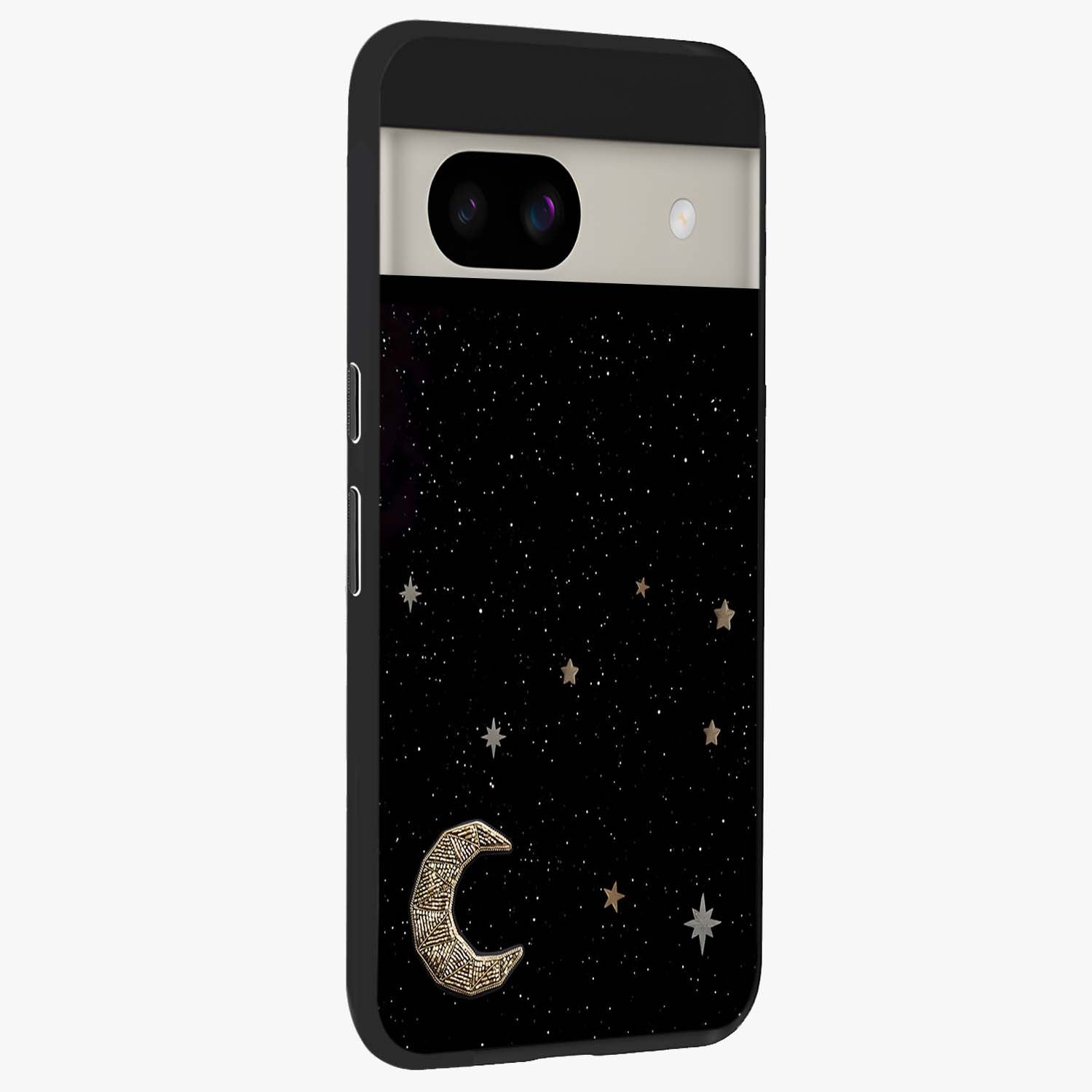 Twinkle Star With Half Moon Glass Case upright view showcasing glowing cosmic artwork with dreamy night theme.