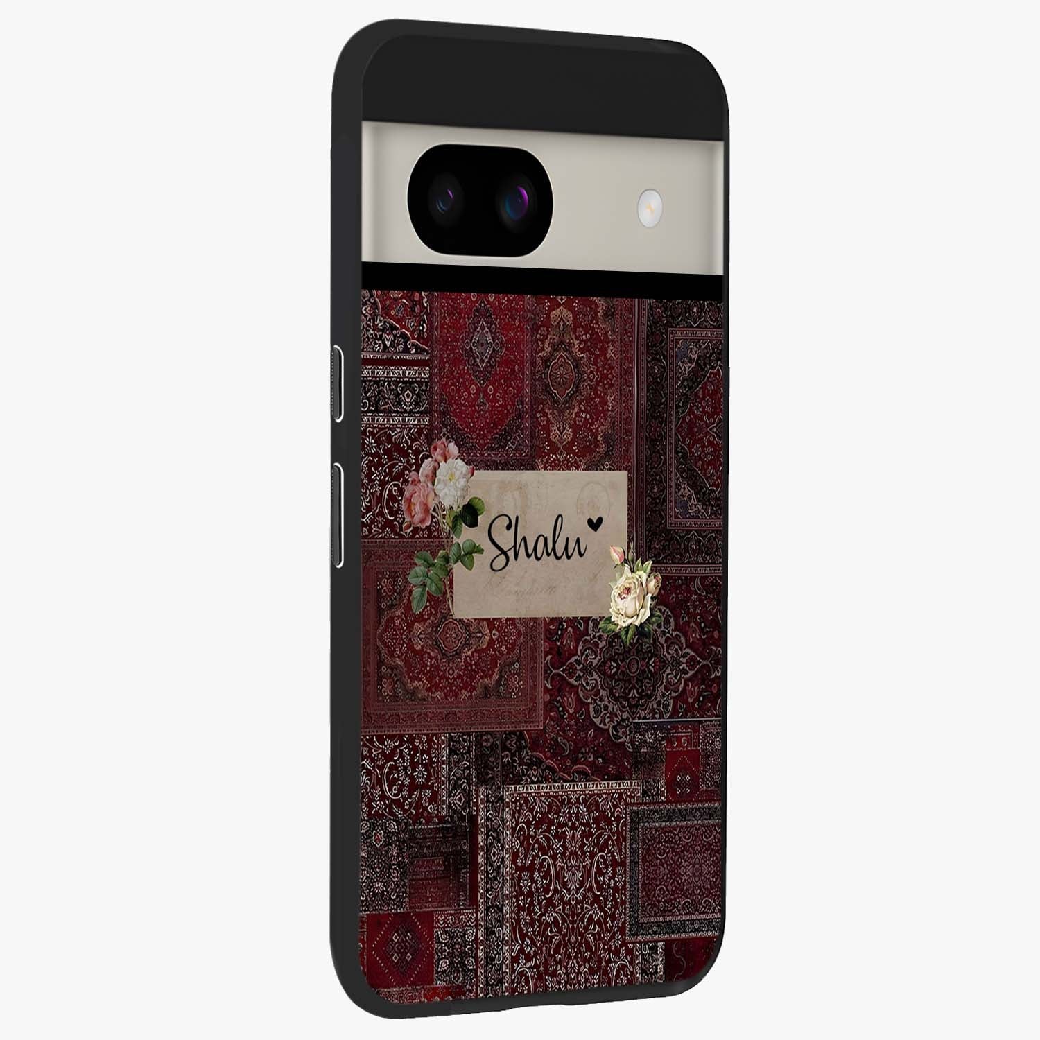 Velvet Wine Pattern Custom Name Glass Case upright view showcasing luxurious wine toned artwork with personalized aesthetic.
