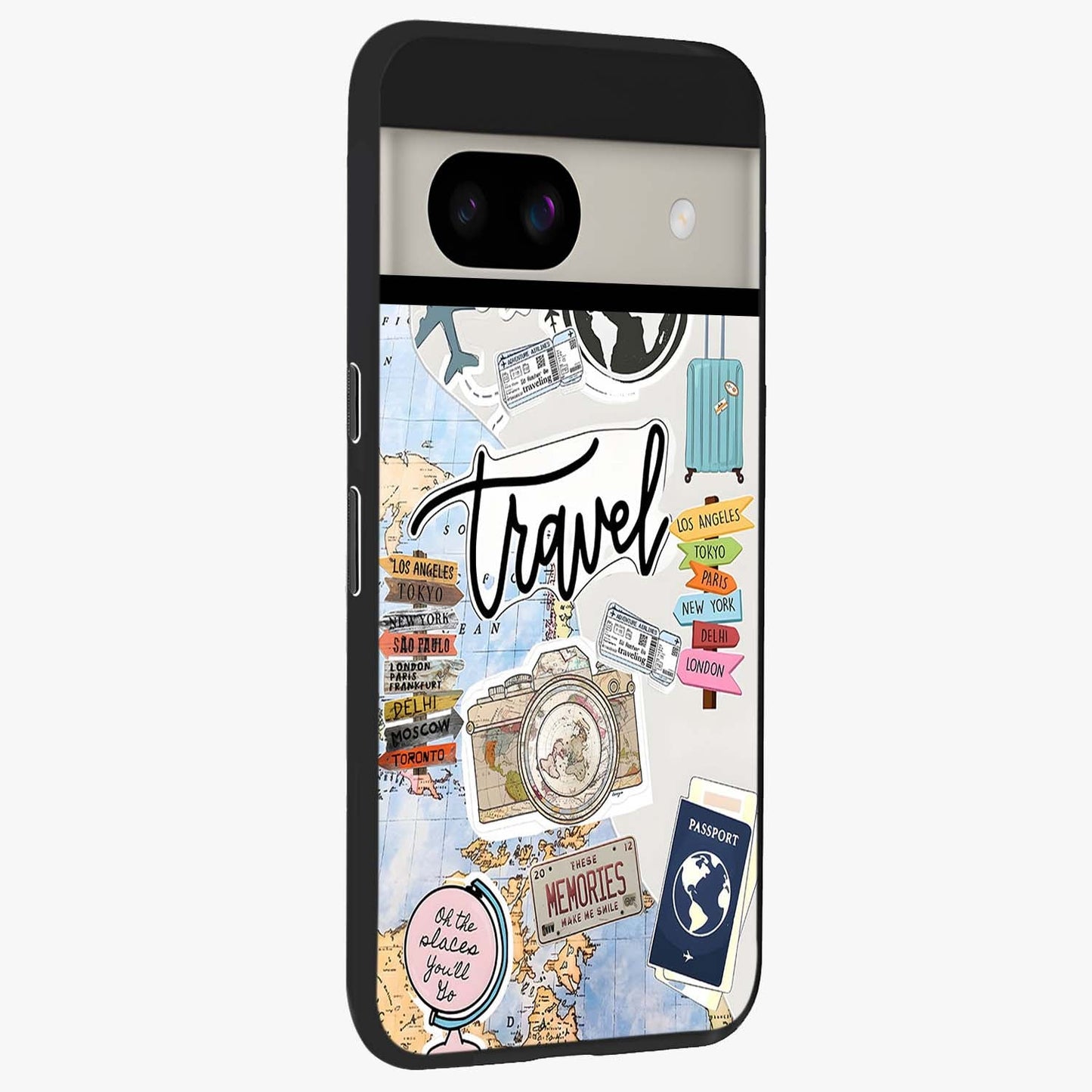 Wanderlust Journal Glass Case upright view showcasing wanderlust inspired artwork with creative exploration theme.