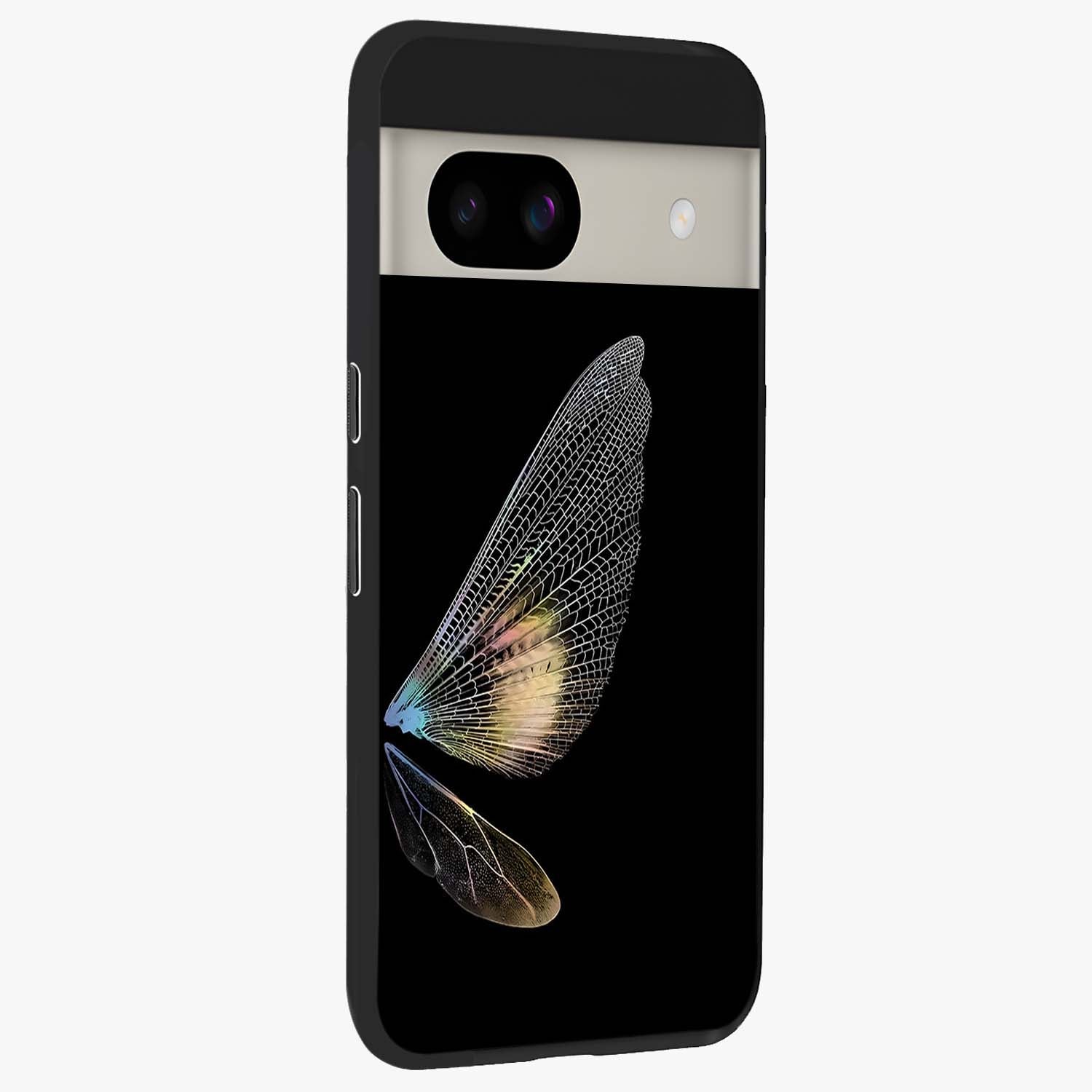 Whispers Of Wings Glass Case upright view showcasing elegant wing artwork with light airy theme.