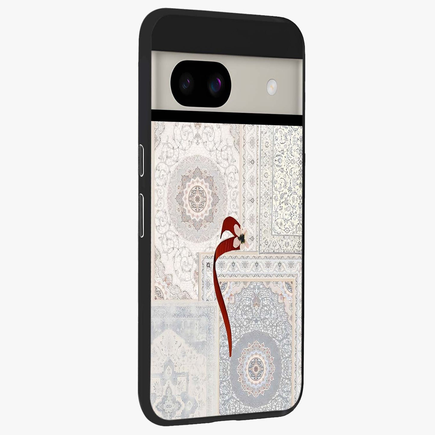White Aesthetic Bow Glass Case upright view showcasing delicate ribbon bow artwork with cute minimalist theme.