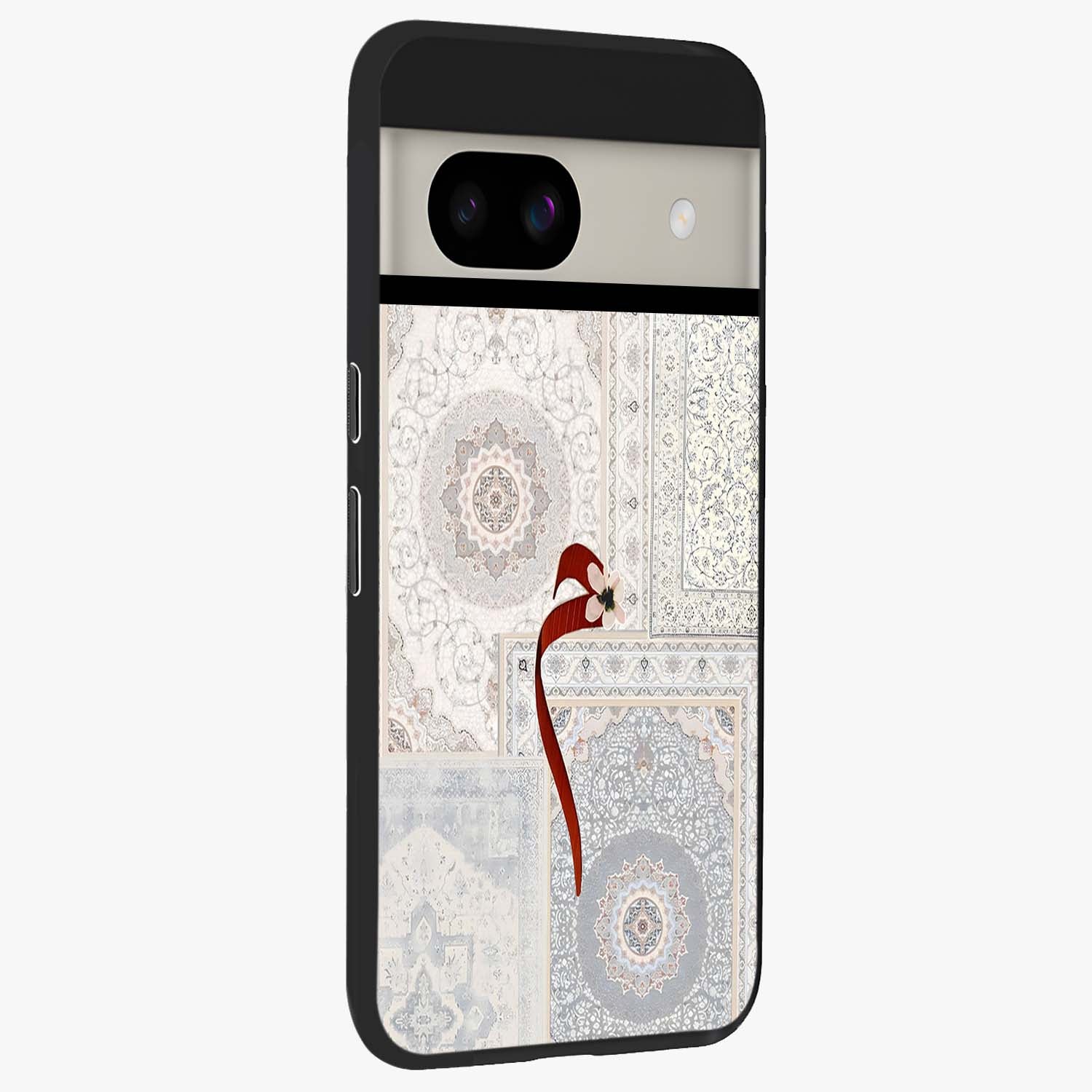 White Aesthetic Bow Glass Case upright view showcasing delicate ribbon bow artwork with cute minimalist theme.
