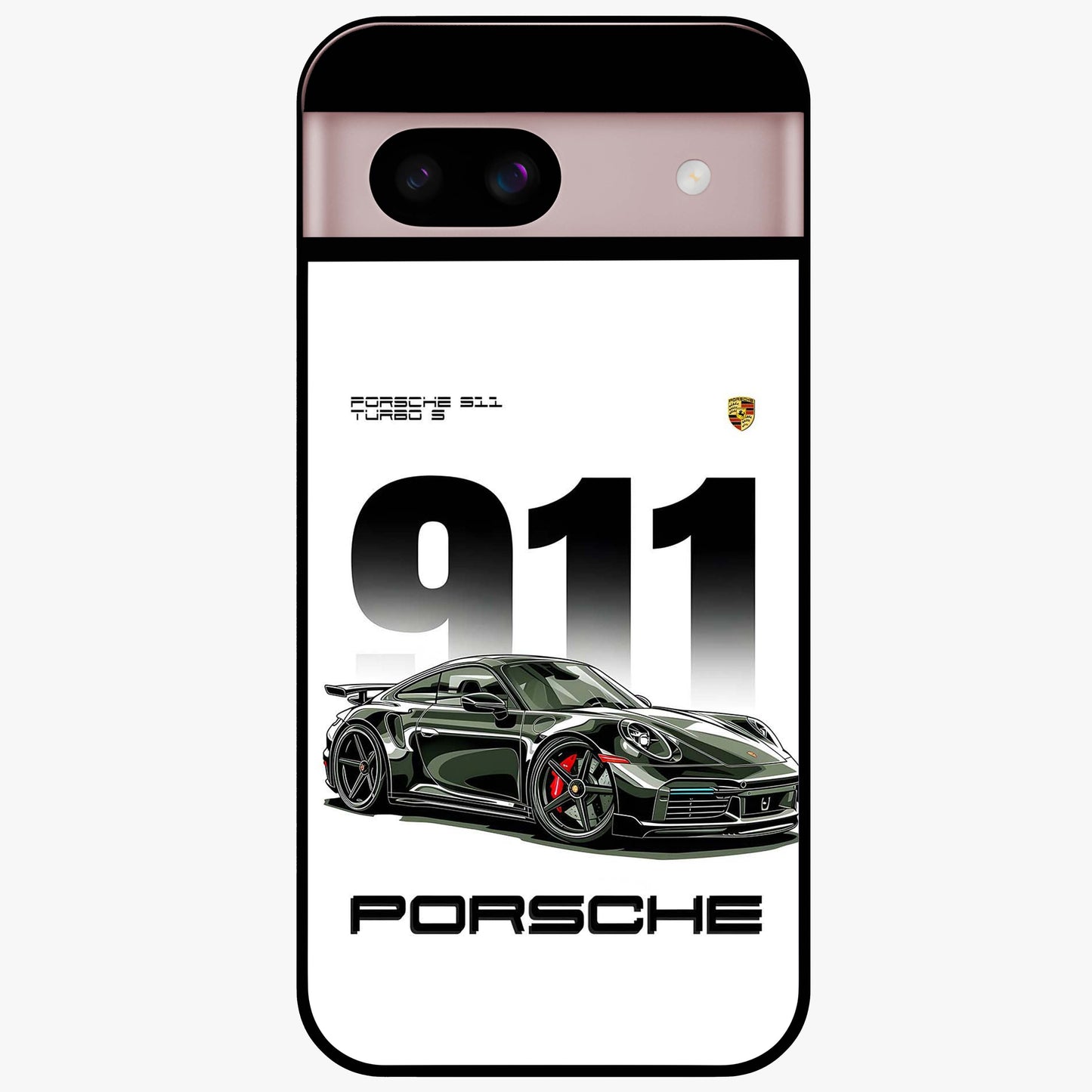 911 Turbo Dominance Glass Case showing clean flat back view with bold 911 sports car artwork and glossy glass finish.