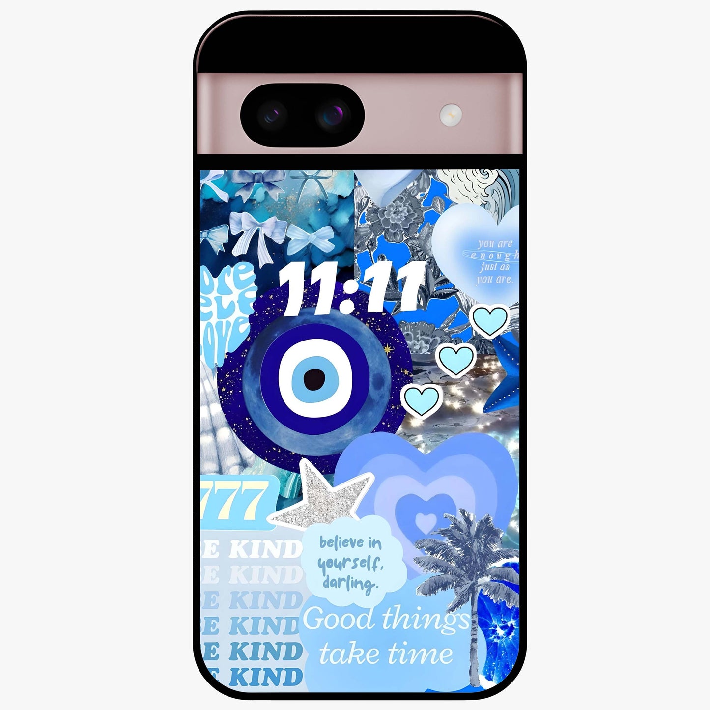 Aesthetic Be Kind Eye Glass Case showing flat back view with motivational eye artwork and glossy glass finish.