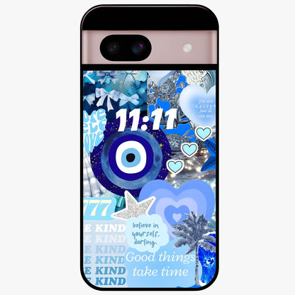 Aesthetic Be Kind Eye Glass Case showing flat back view with motivational eye artwork and glossy glass finish.