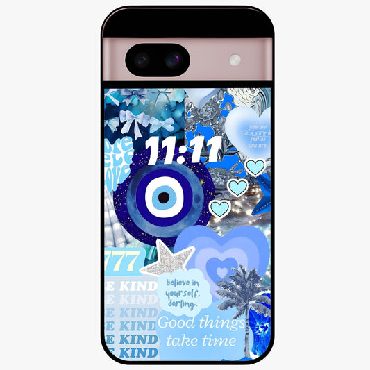 Aesthetic Be Kind Eye Glass Case showing flat back view with motivational eye artwork and glossy glass finish.