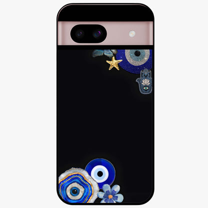 Aesthetic Blue Evil Eye Glass Case showing flat back view with protective evil eye artwork and glossy glass finish.