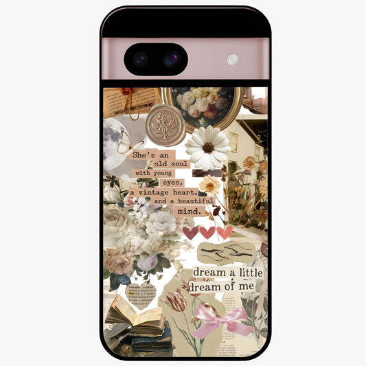 Aesthetic Brown Vintage Collage Glass Case showing flat back view with retro collage artwork and glossy glass finish.