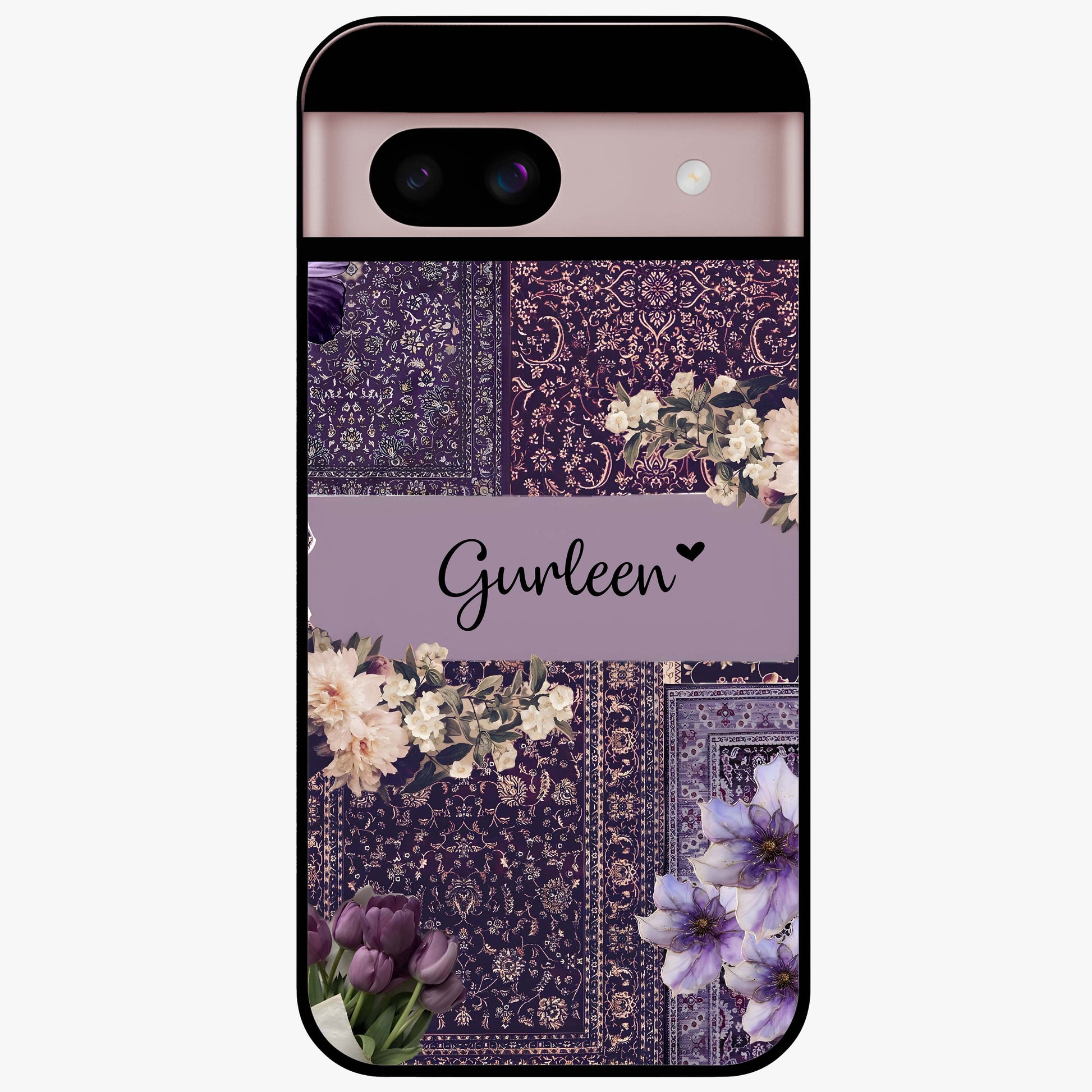 Antique Floral Whisper Custom Name Glass Case showing flat back view with vintage floral artwork and personalized name design.