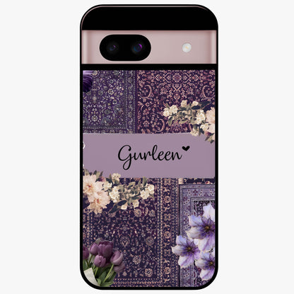 Antique Floral Whisper Custom Name Glass Case showing flat back view with vintage floral artwork and personalized name design.