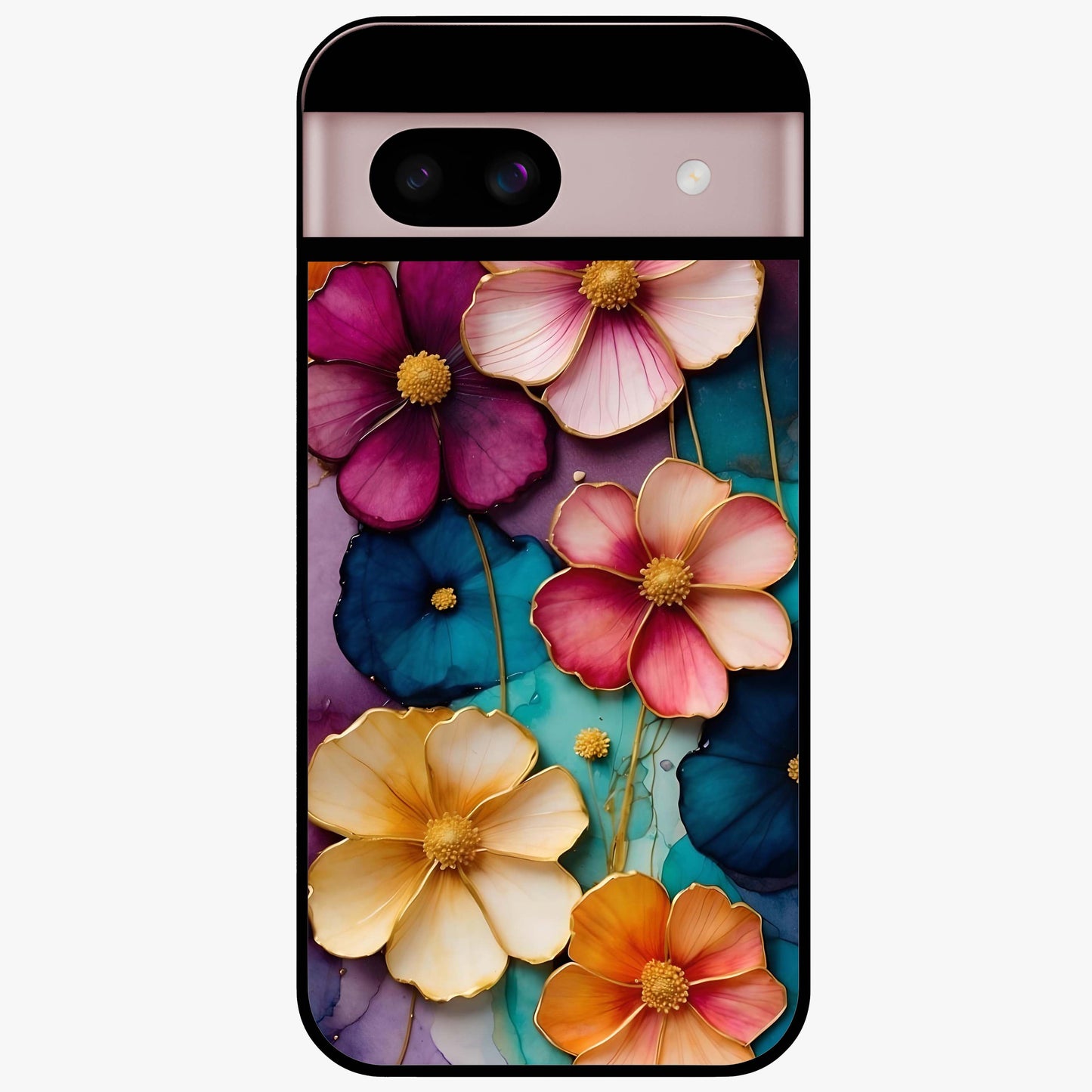 Artlyn Grace Flower Pattern Glass Case showing flat back view with elegant floral pattern artwork and glossy glass finish.
