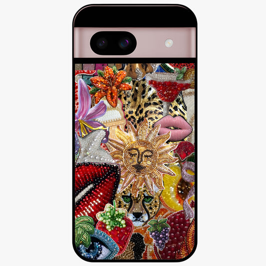 Beaded Fashion Jungle Glass Case showing flat back view with vibrant jungle inspired bead artwork and glossy glass finish.