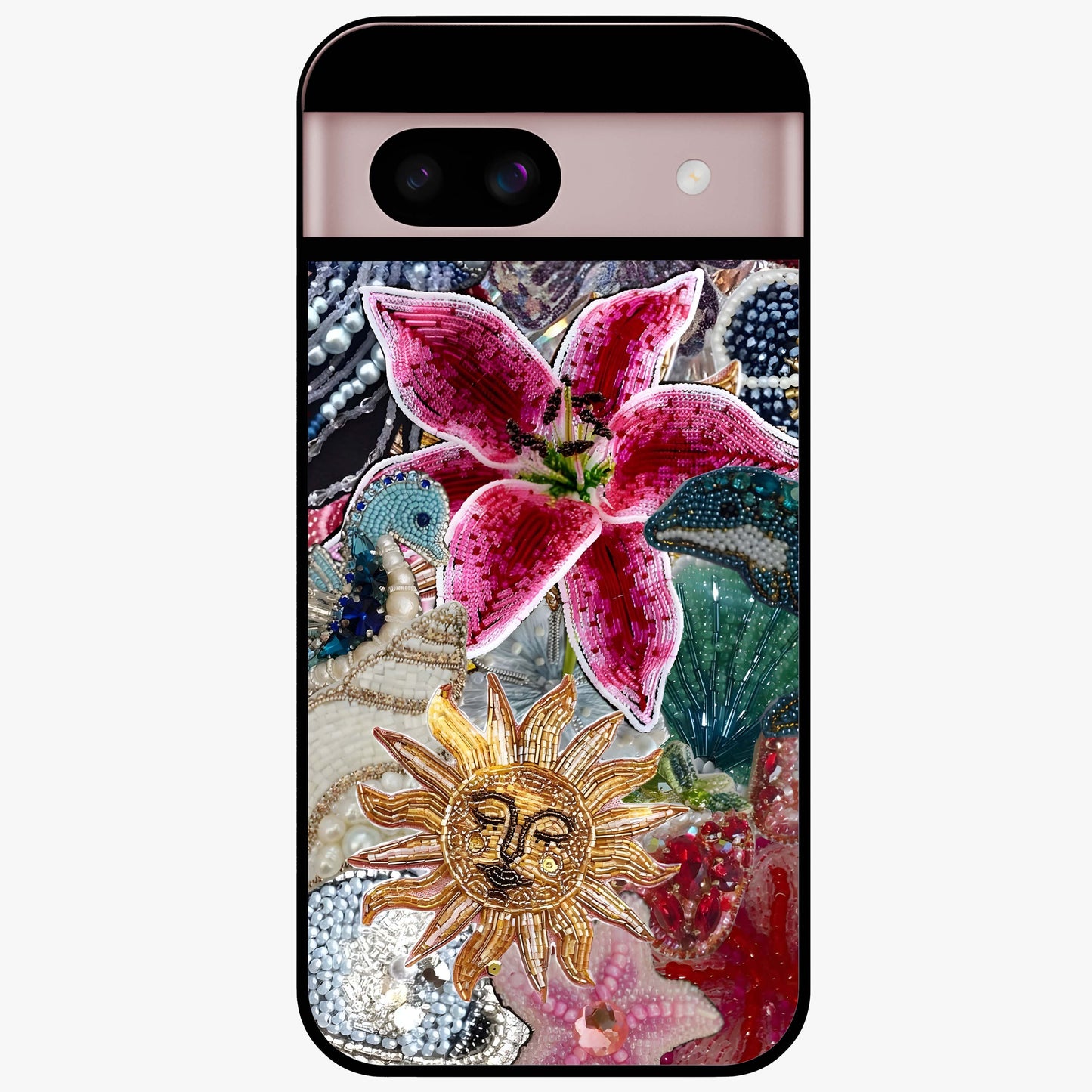 Beaded Garden Fantasy Glass Case showing flat back view with dreamy garden bead artwork and glossy glass finish.