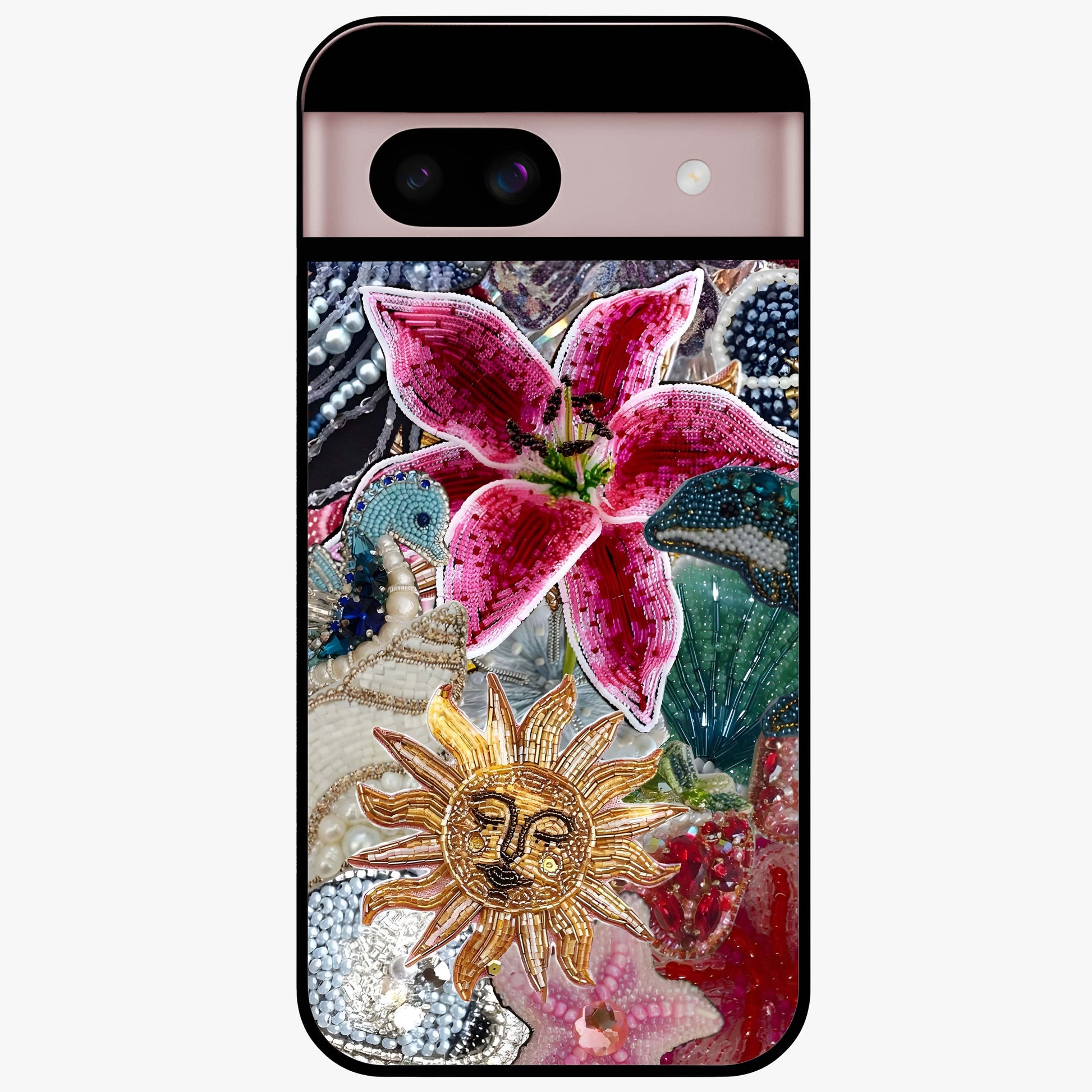Beaded Garden Fantasy Glass Case showing flat back view with dreamy garden bead artwork and glossy glass finish.