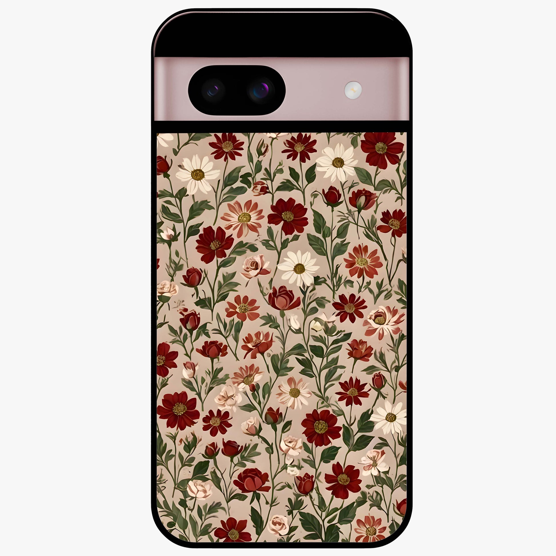 Biege Flower With Leaf Glass Case showing flat back view with soft beige floral artwork and glossy glass finish.