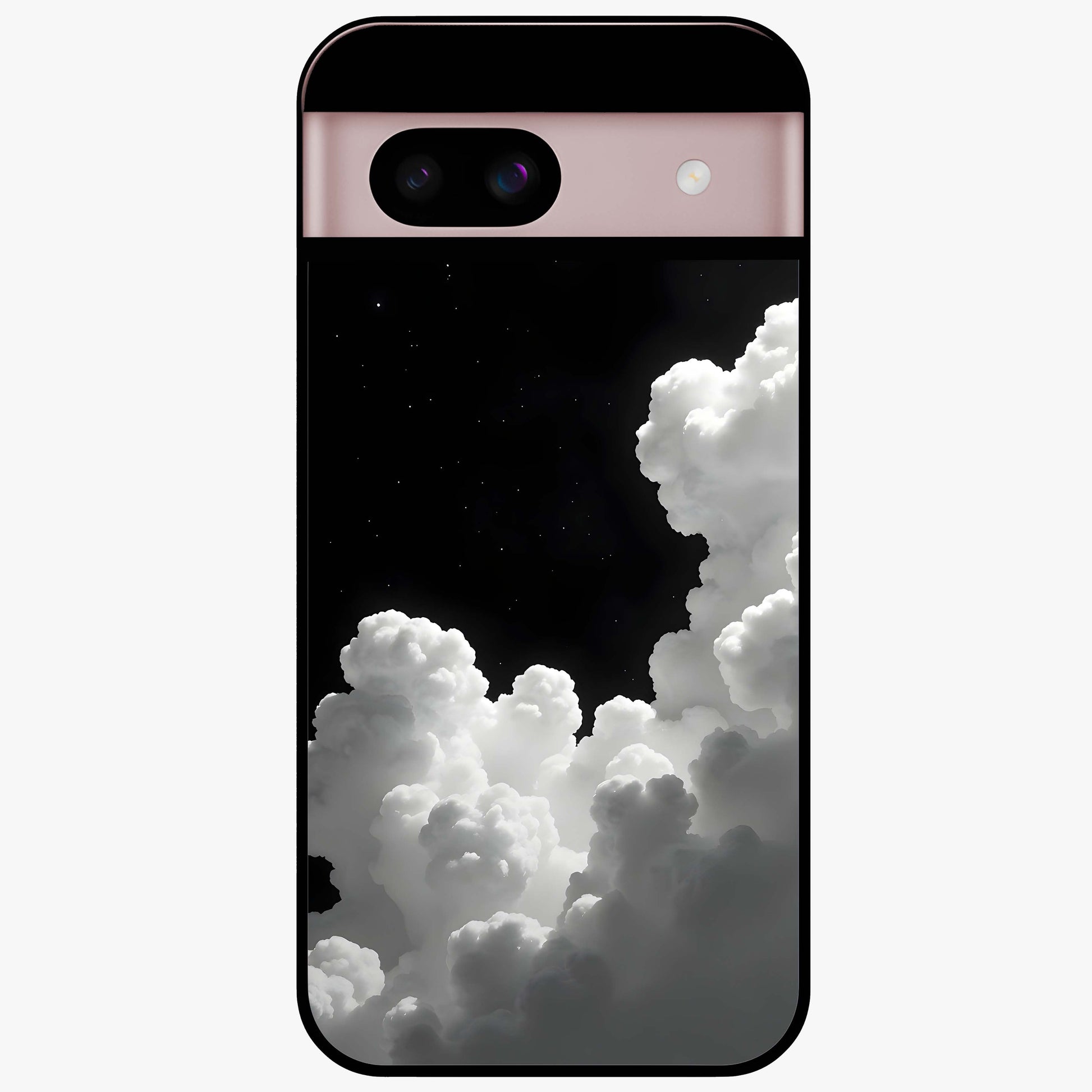 Black Background With White Cloud Glass Case showing flat back view with minimal cloud artwork on dark background and glossy glass finish.